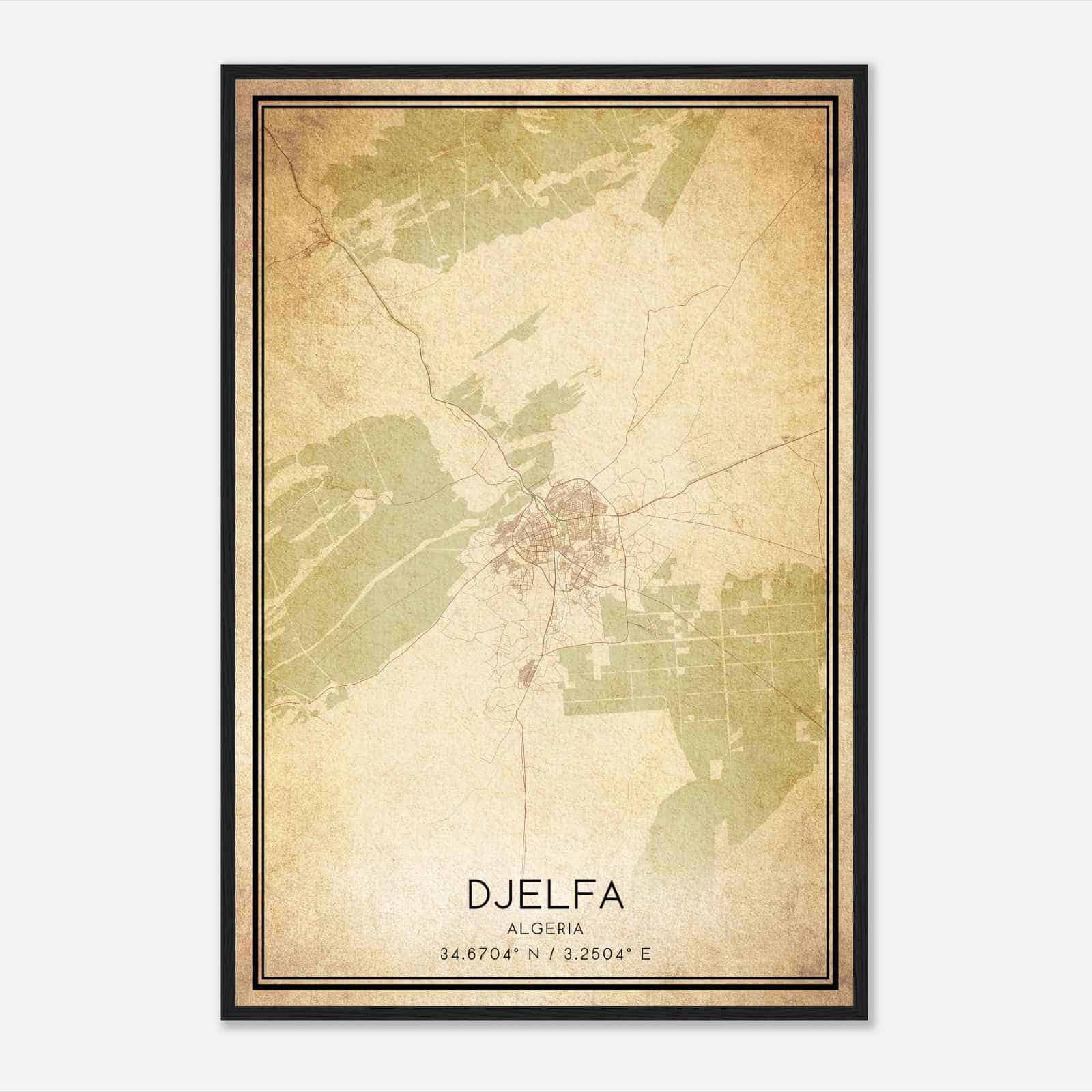 Vintage Djelfa Algeria Map Poster, Djelfa City Road Wall Art Print
