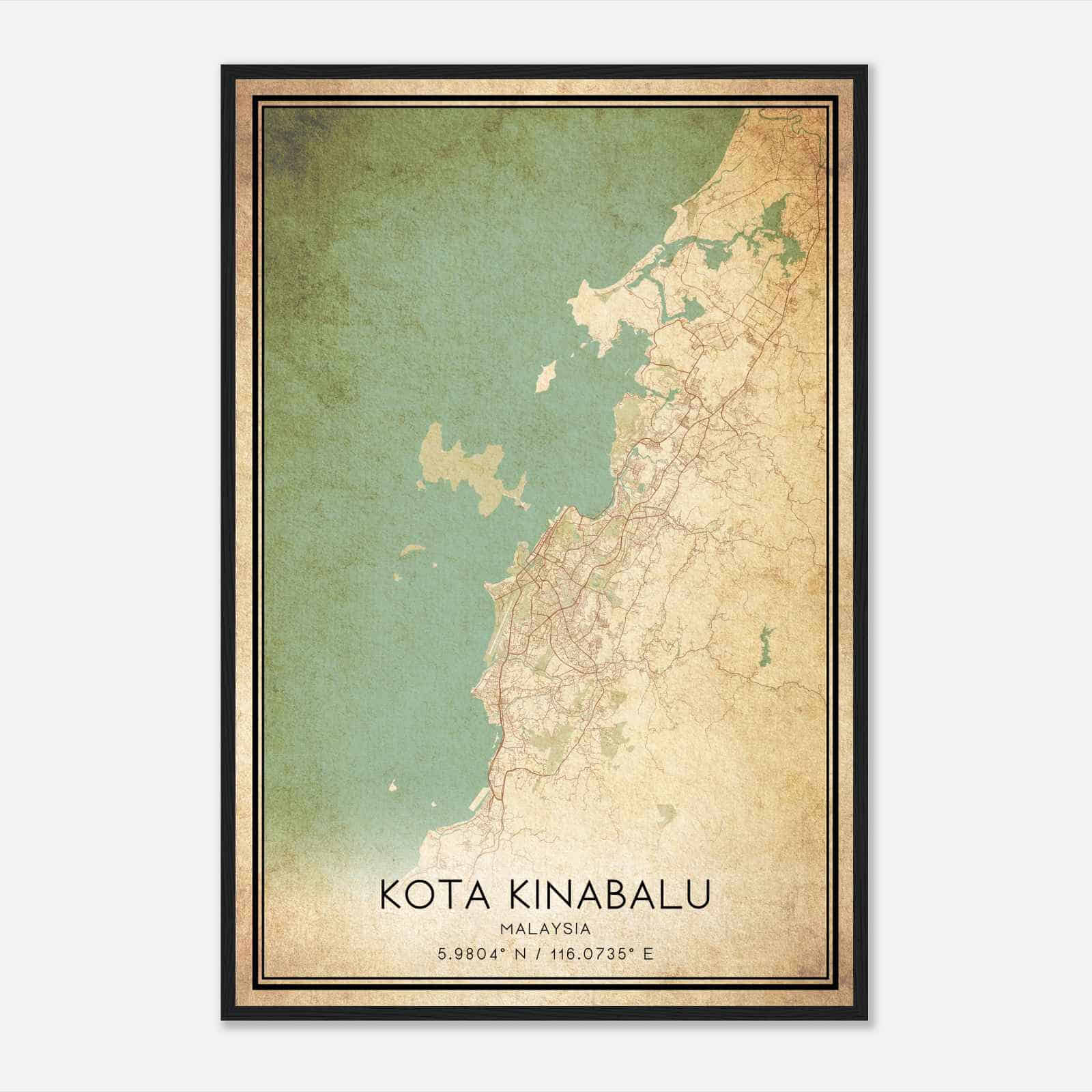 Vintage Kota Kinabalu Malaysia Map Poster, Kota Kinabalu City Road Wall Art Print