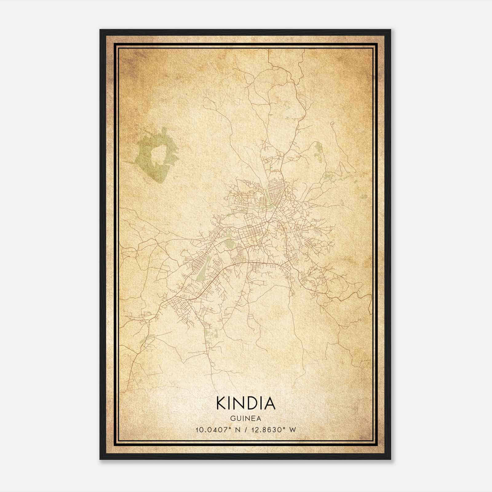 Vintage Kindia Guinea Map Poster, Kindia City Road Wall Art Print