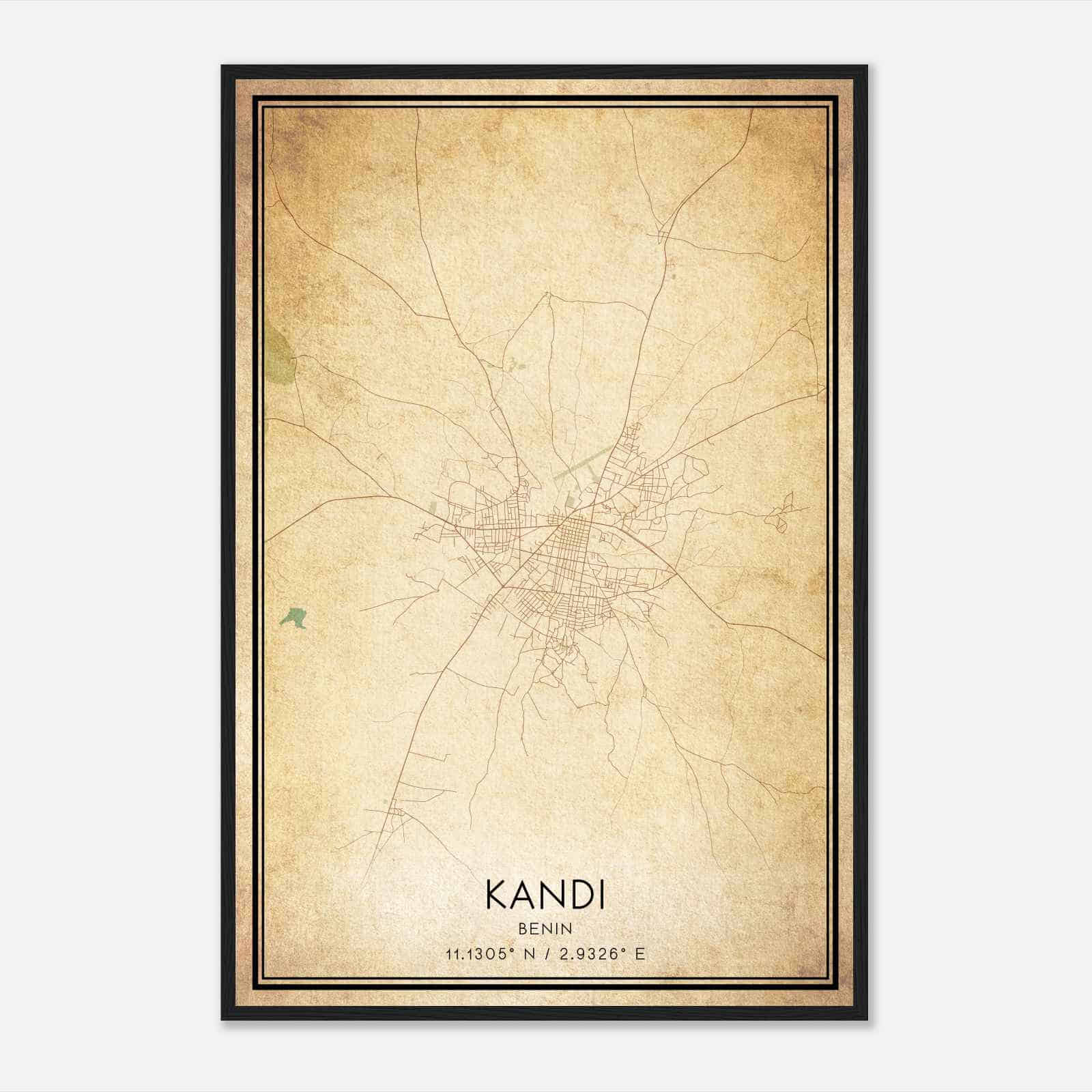 Vintage Kandi Benin Map Poster, Kandi City Road Wall Art Print