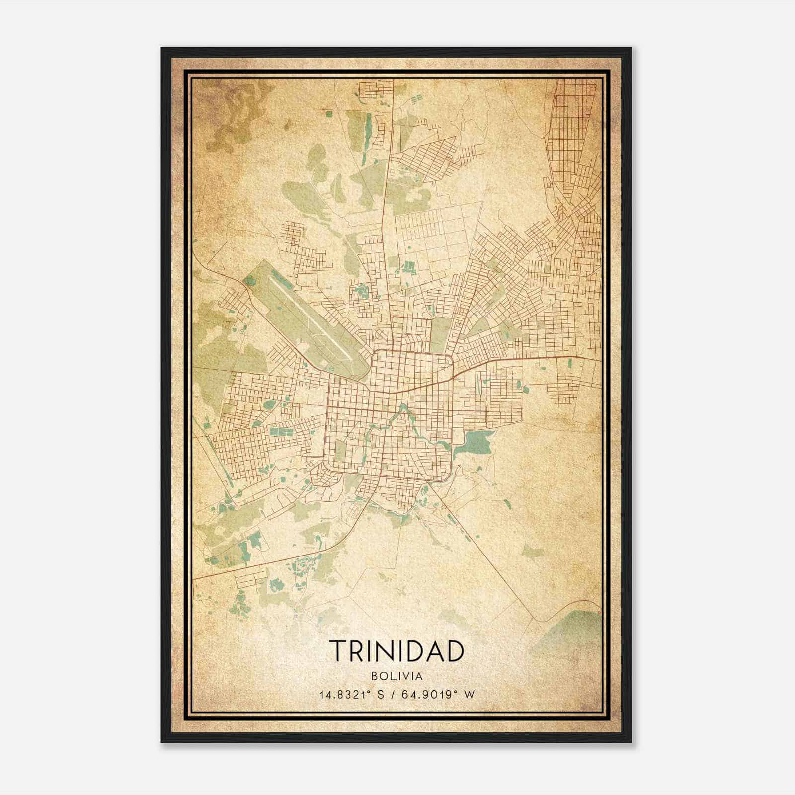 Vintage Trinidad Bolivia Map Poster, Trinidad City Road Wall Art Print
