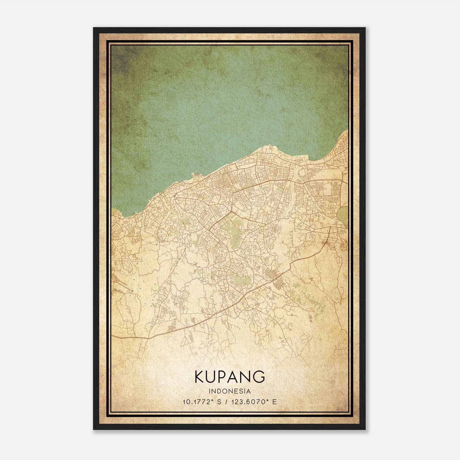 Vintage Kupang Indonesia Map Poster, Kupang City Road Wall Art Print