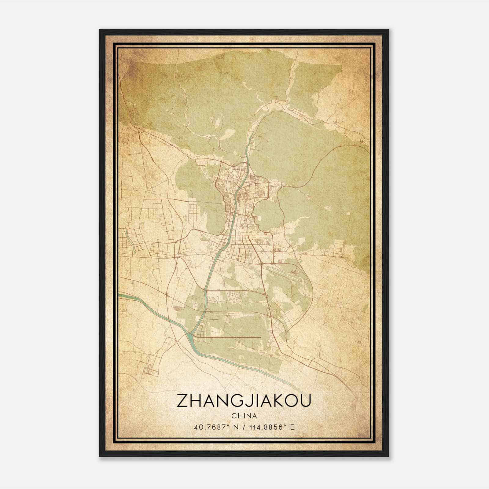 Vintage Zhangjiakou China Map Poster, Zhangjiakou City Road Wall Art Print