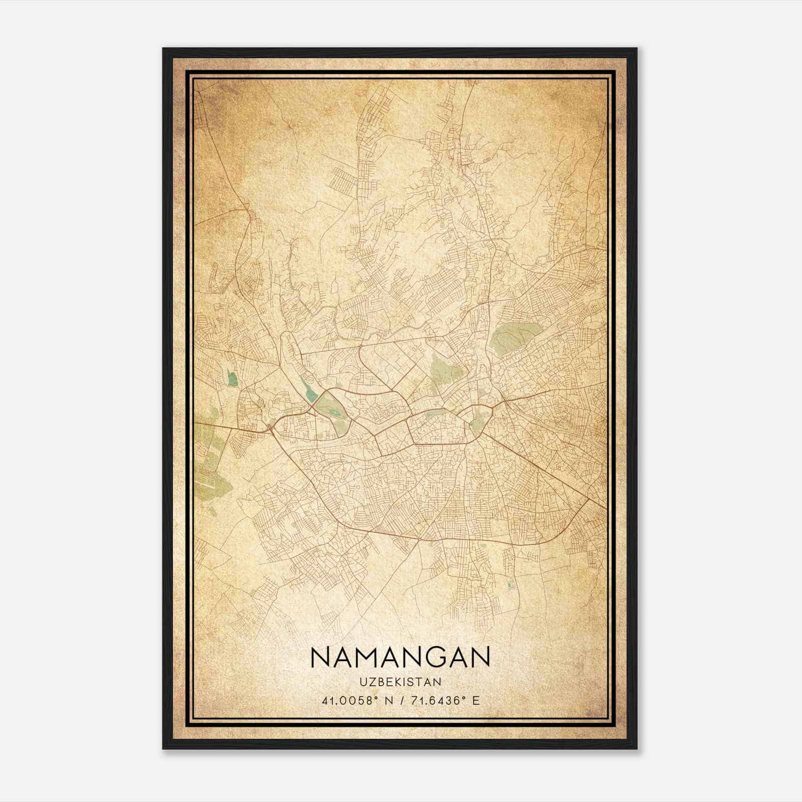 Vintage Namangan Uzbekistan Map Poster, Namangan City Road Wall Art Print