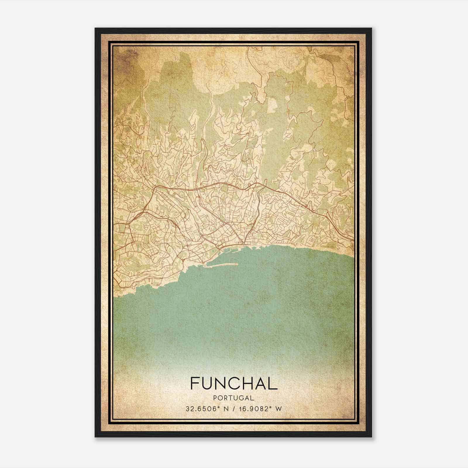 Vintage Funchal Portugal Map Poster, Funchal City Road Wall Art Print