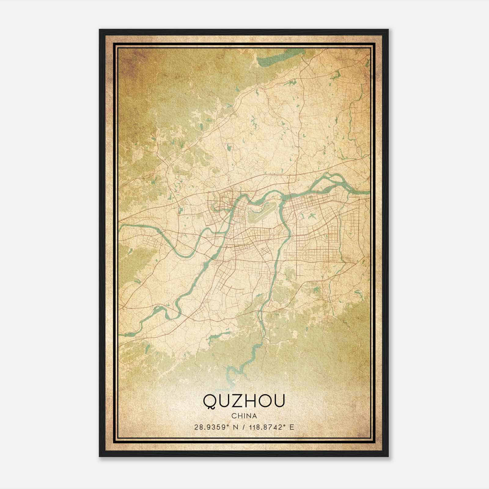 Vintage Quzhou China Map Poster, Quzhou City Road Wall Art Print
