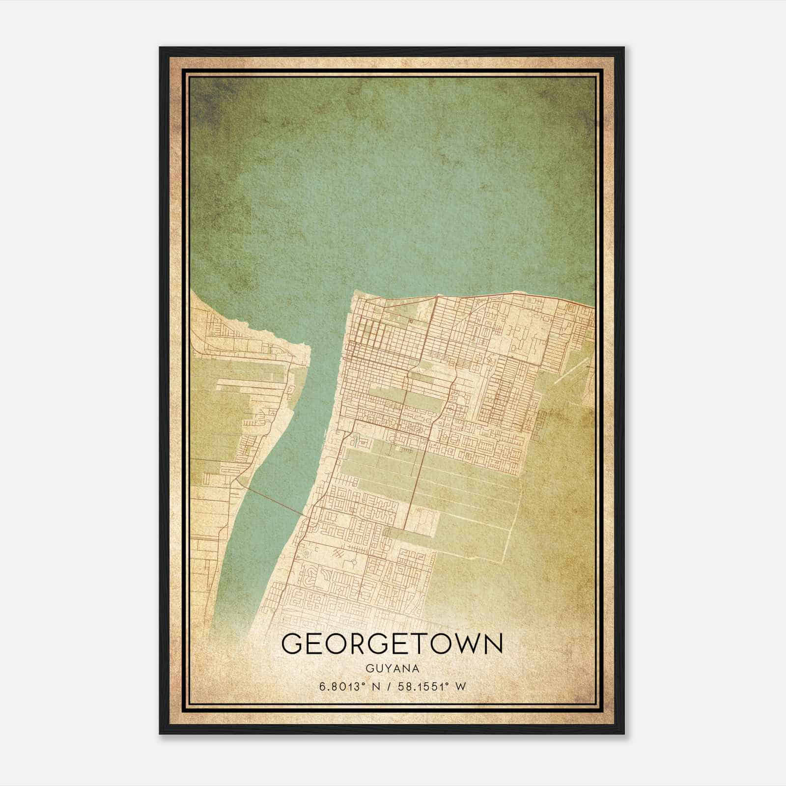 Vintage Georgetown Guyana Map Poster, Georgetown City Road Wall Art Print