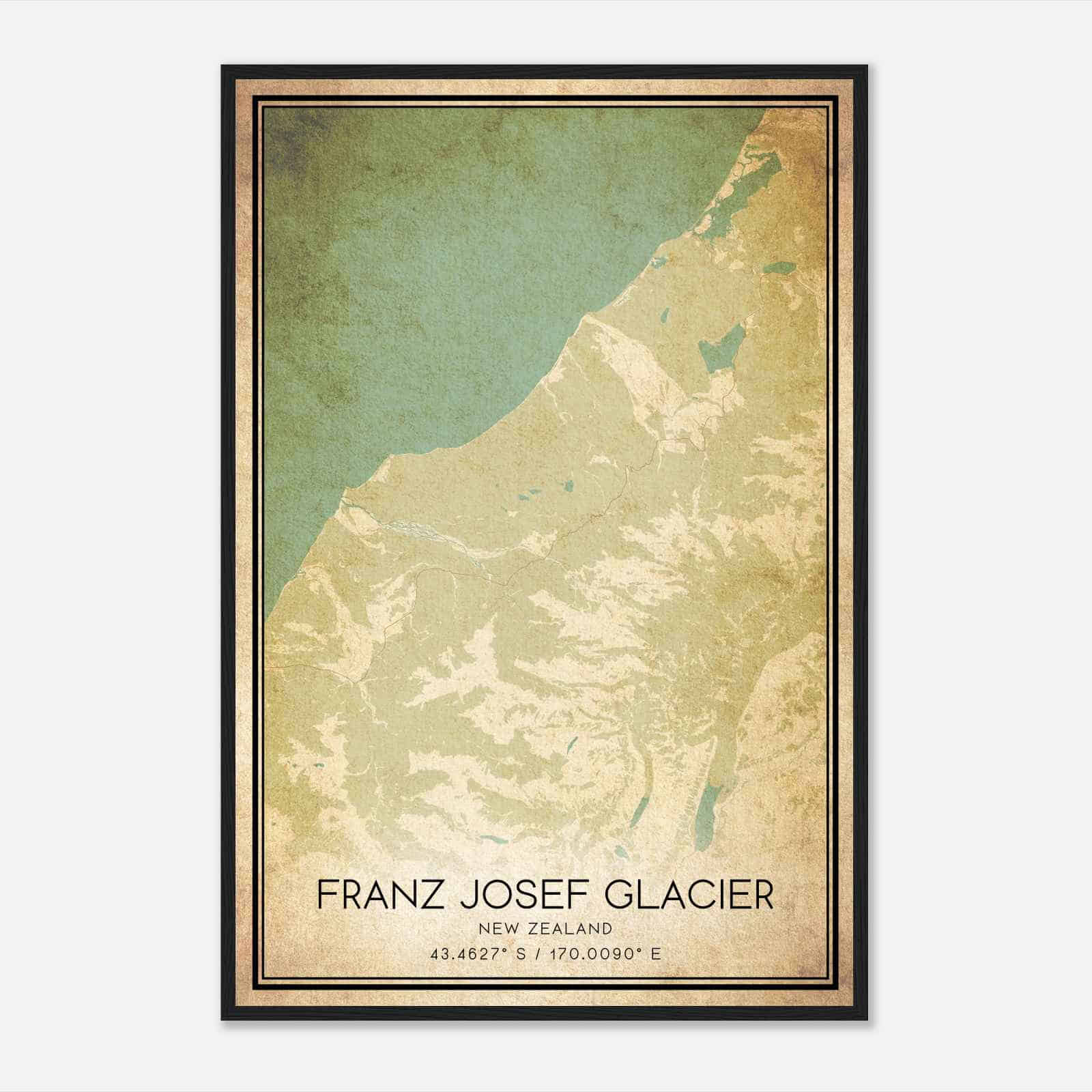 Vintage Franz Josef Glacier New Zealand Map Poster, Franz Josef Glacier City Road Wall Art Print