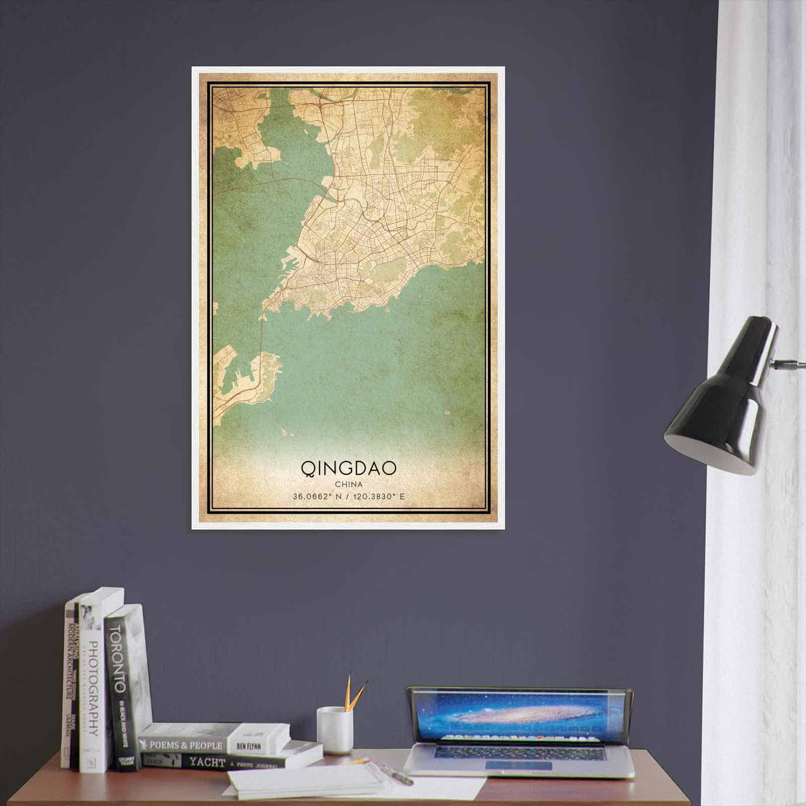 Vintage Qingdao China Map Poster, Qingdao City Road Wall Art Print