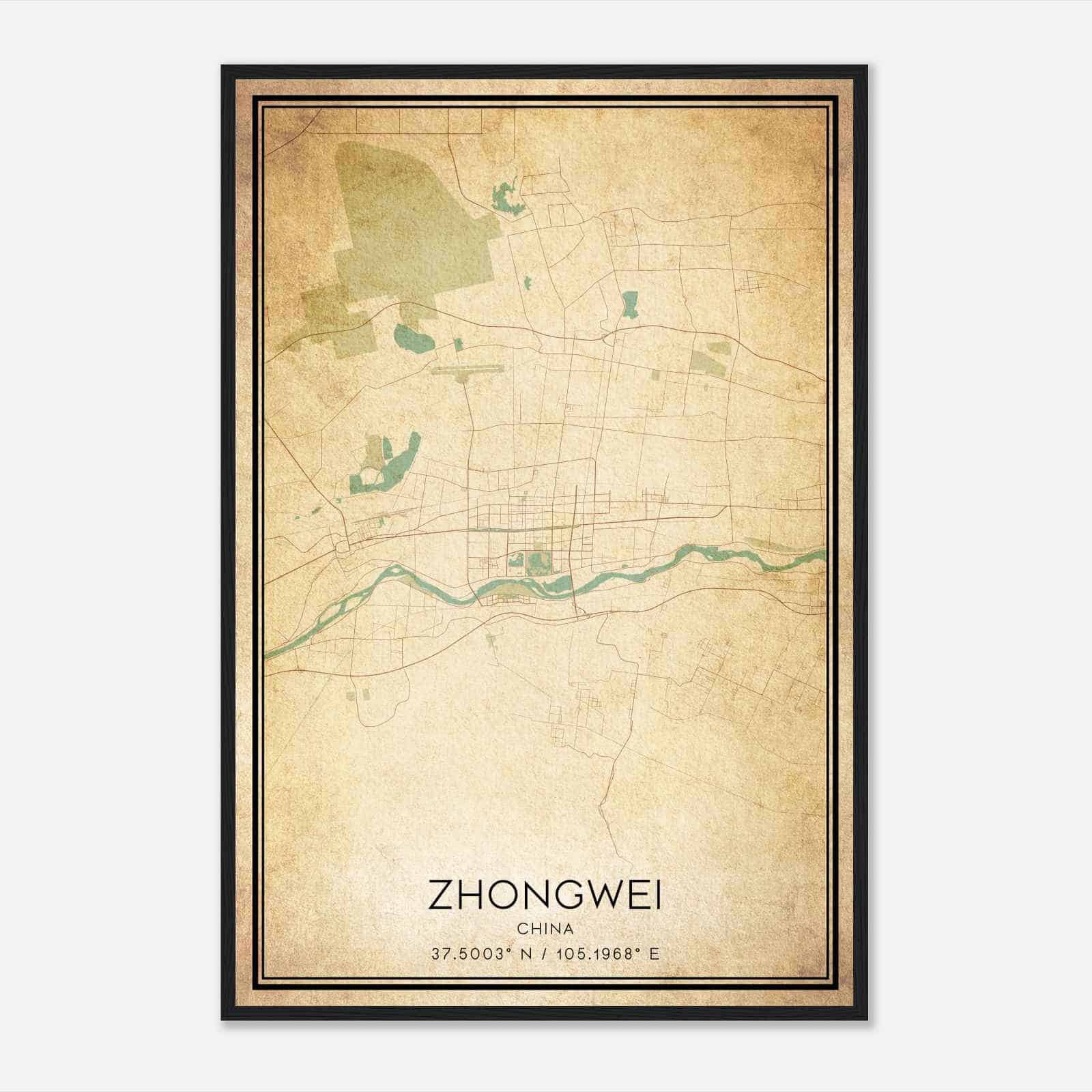 Vintage Zhongwei China Map Poster, Zhongwei City Road Wall Art Print