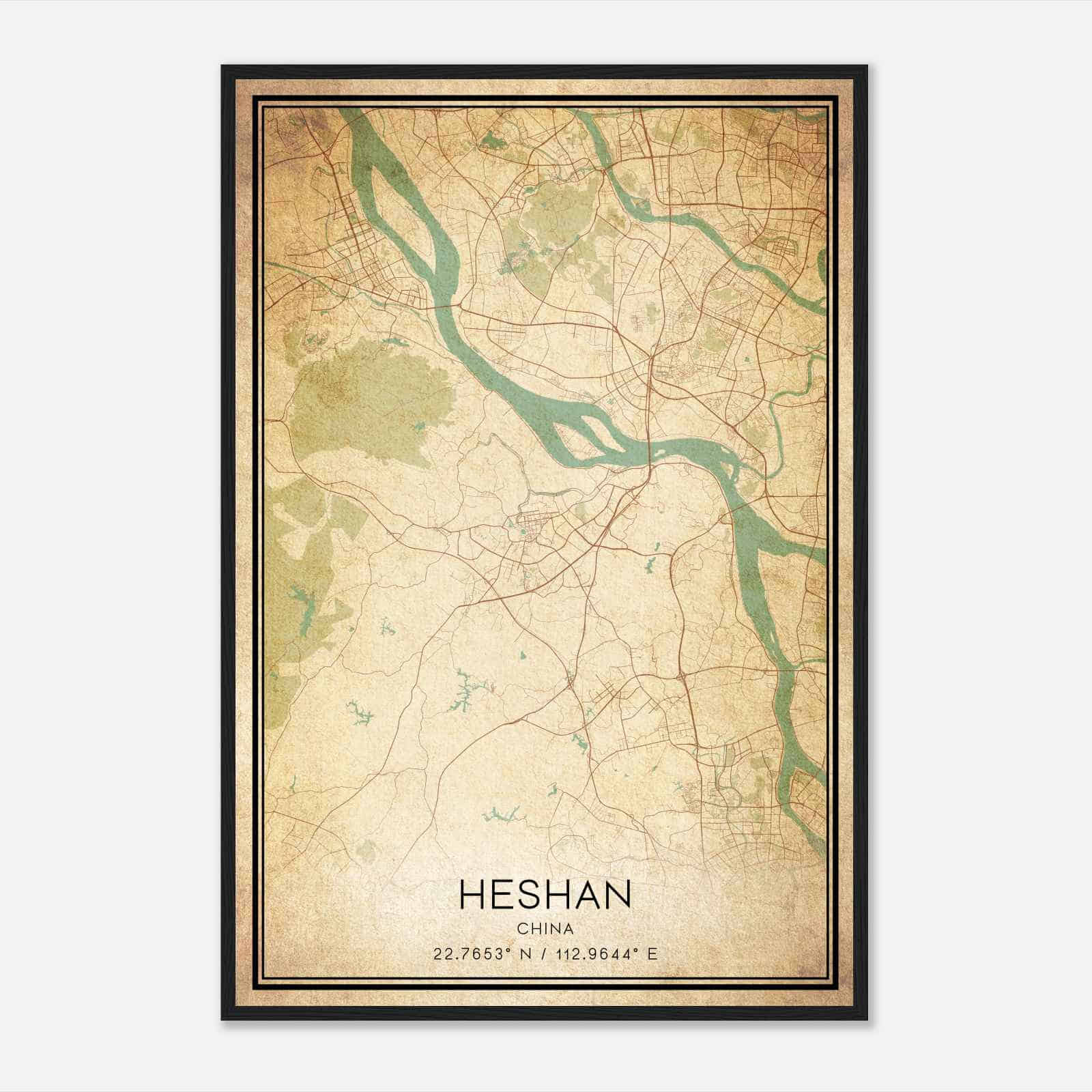 Vintage Heshan China Map Poster, Heshan City Road Wall Art Print
