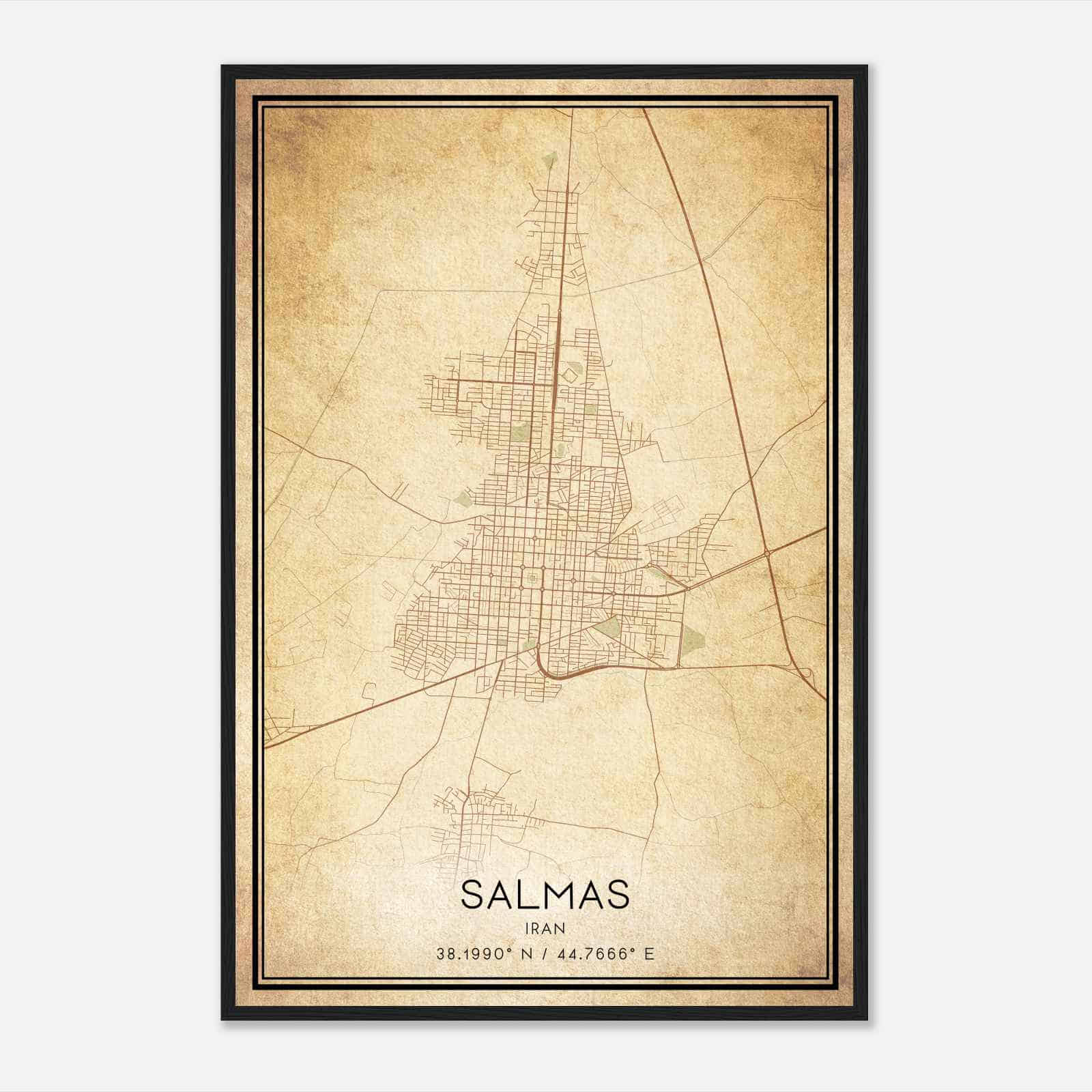 Vintage Salmas Iran Map Poster, Salmas City Road Wall Art Print