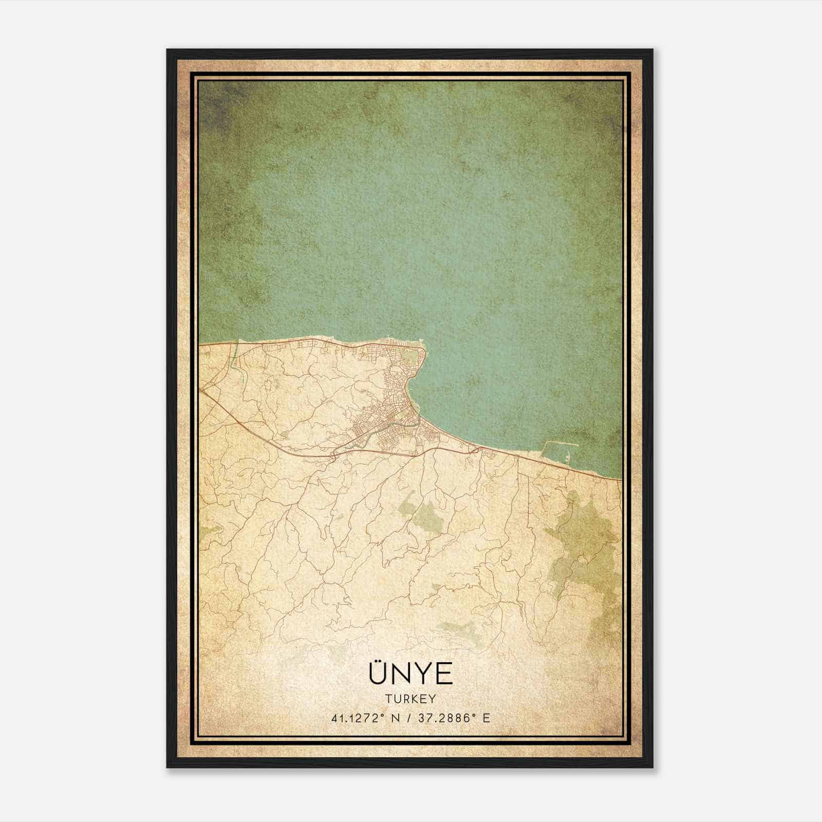 Vintage Unye Turkey Map Poster, Unye City Road Wall Art Print