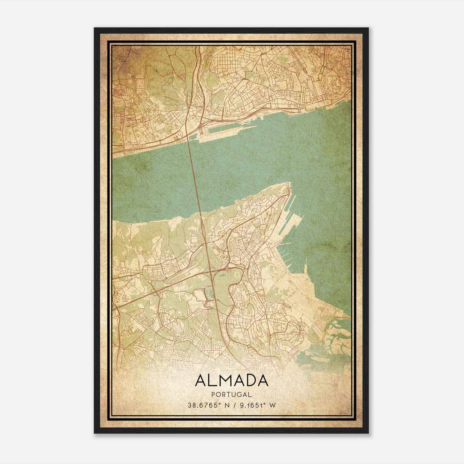 Vintage Almada Portugal Map Poster, Almada City Road Wall Art Print