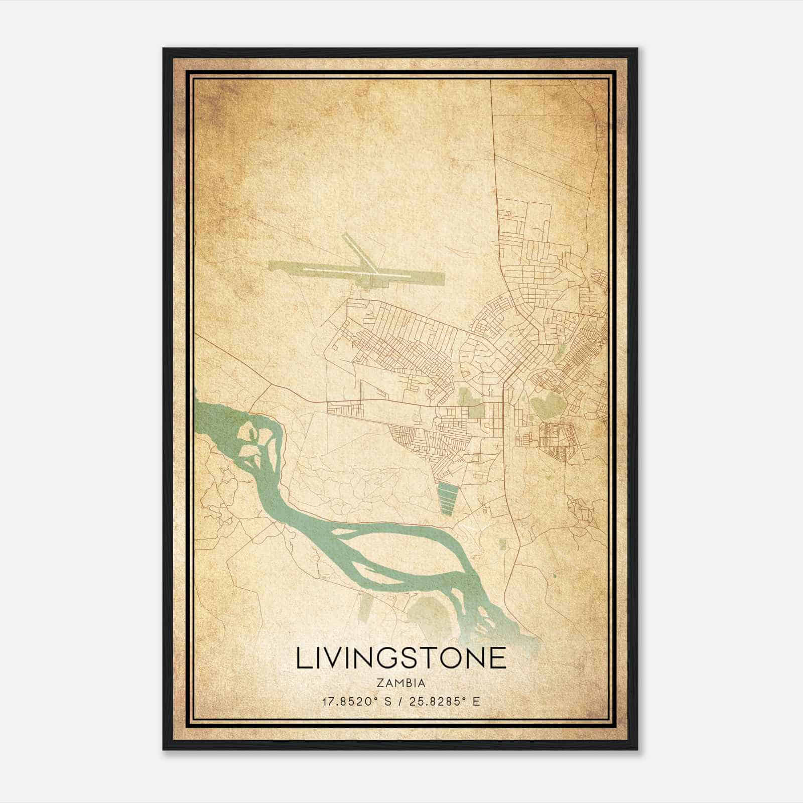 Vintage Livingstone Zambia Map Poster, Livingstone City Road Wall Art Print