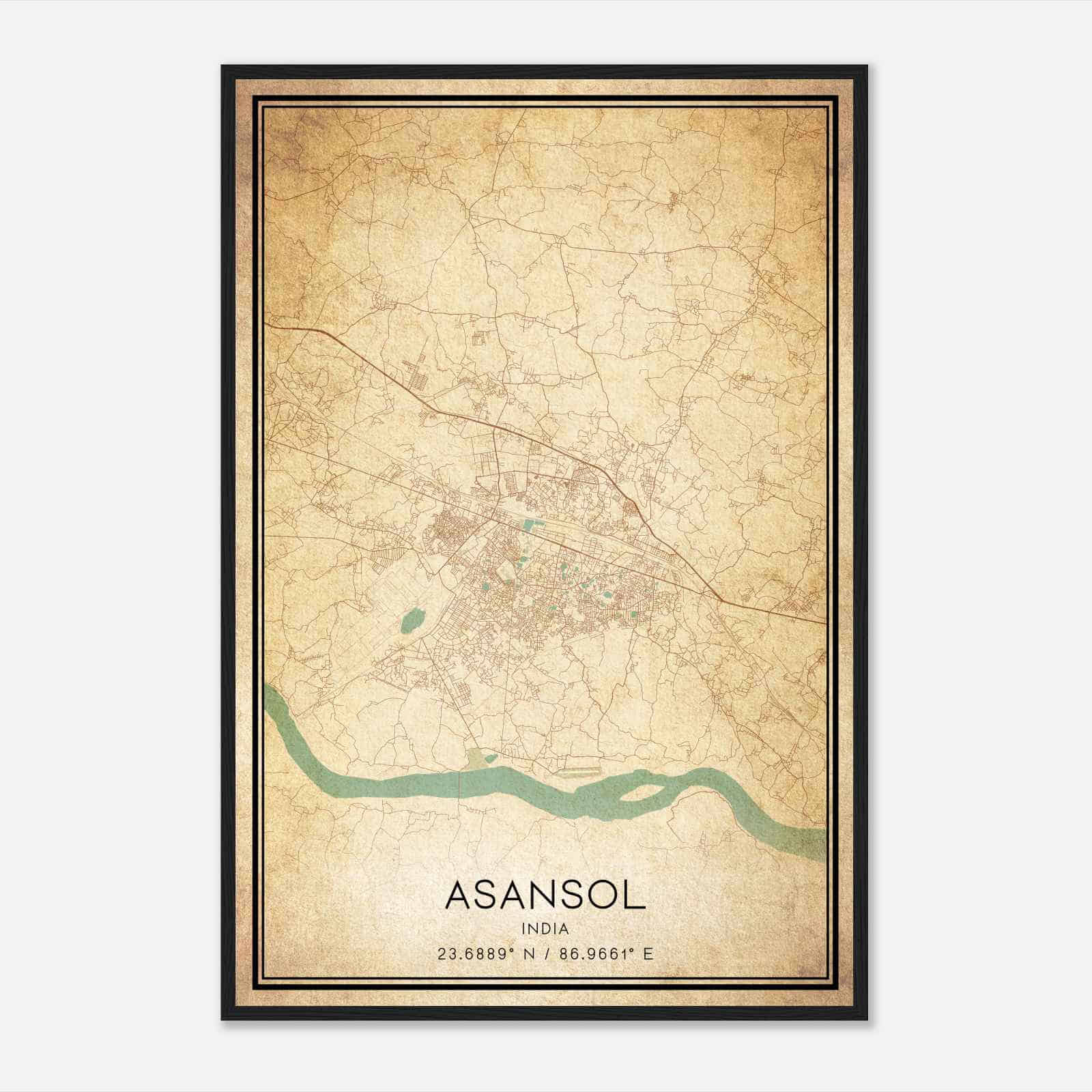 Vintage Asansol India Map Poster, Asansol City Road Wall Art Print