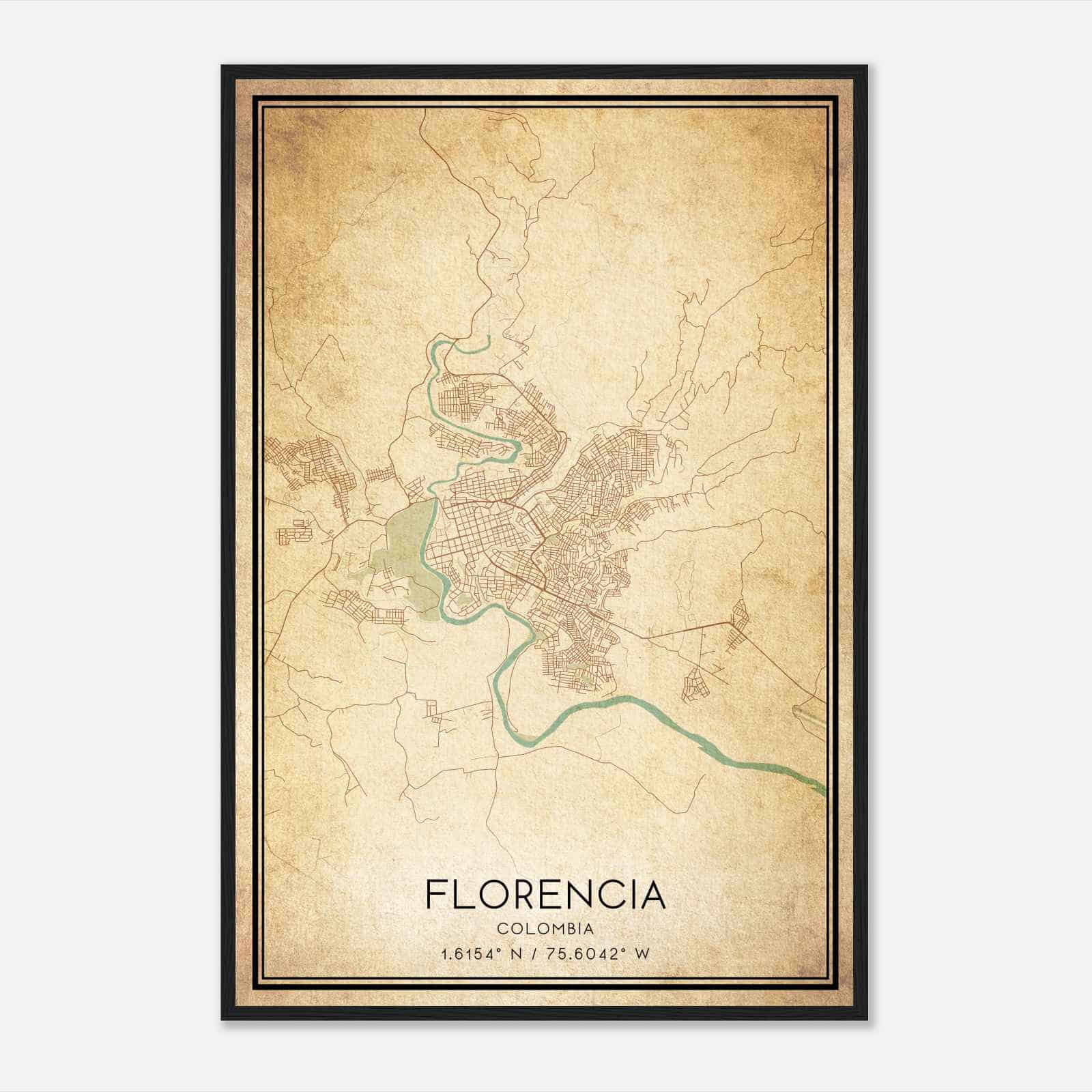 Vintage Florencia Colombia Map Poster, Florencia City Road Wall Art Print