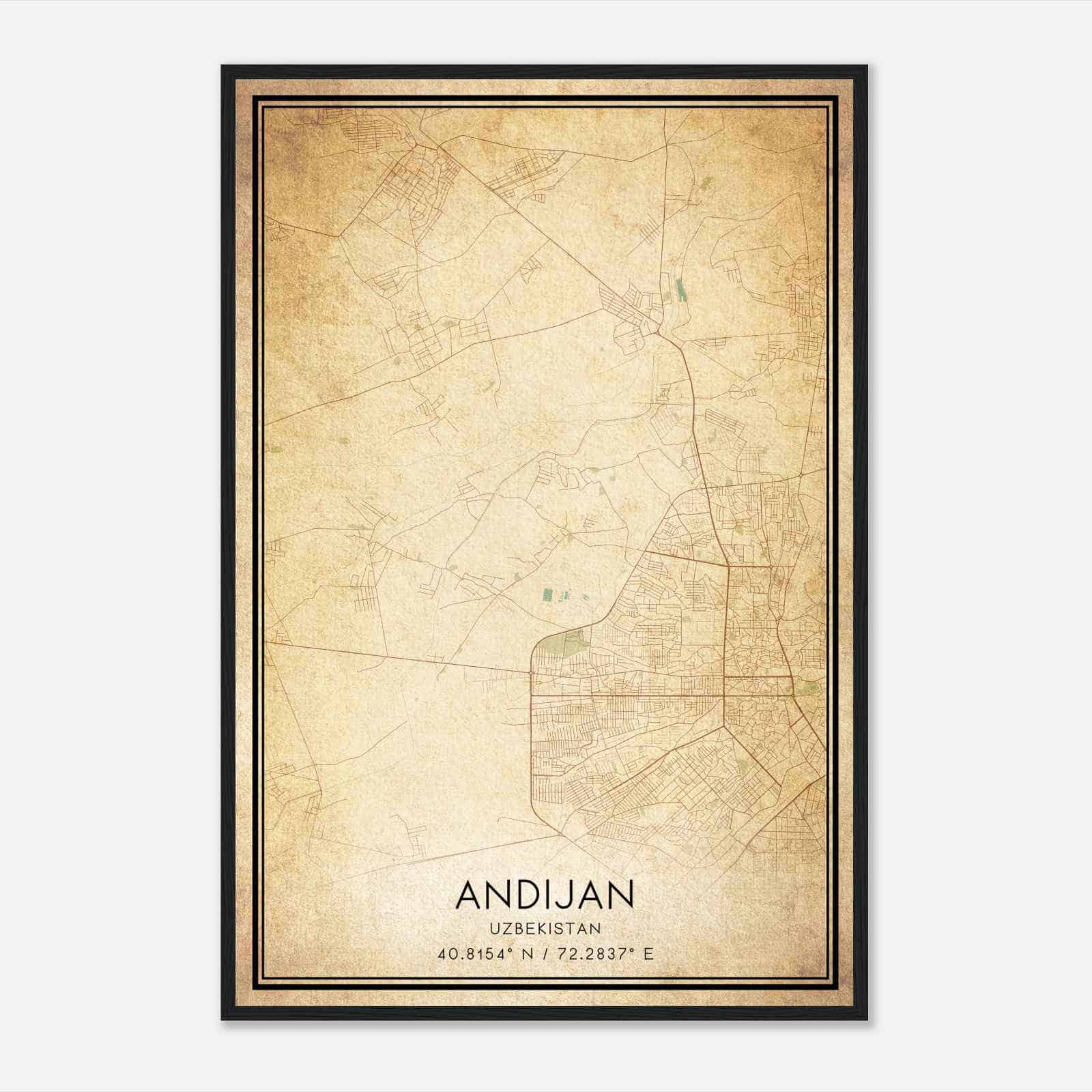 Vintage Andijan Uzbekistan Map Poster, Andijan City Road Wall Art Print
