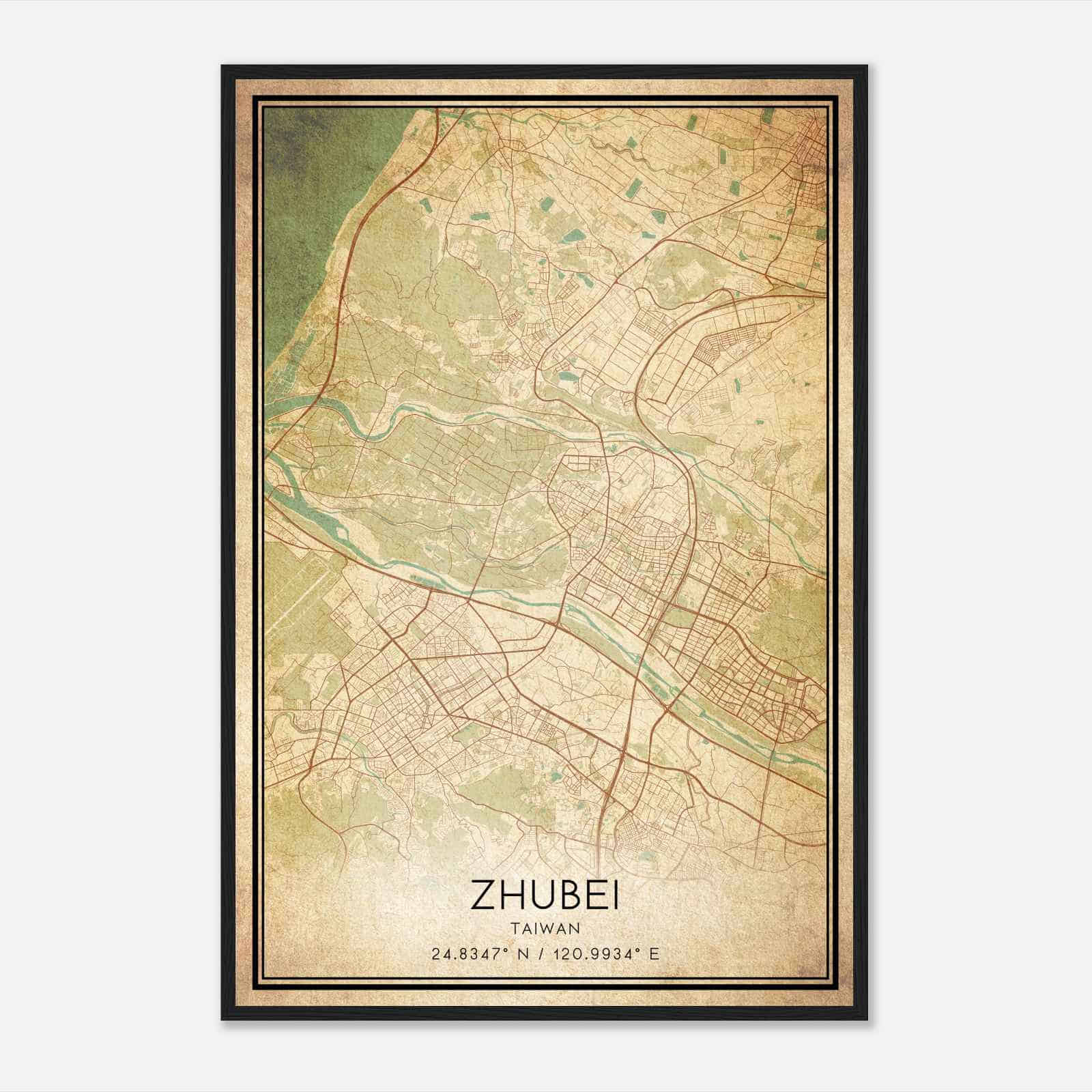 Vintage Zhubei Taiwan Map Poster, Zhubei City Road Wall Art Print