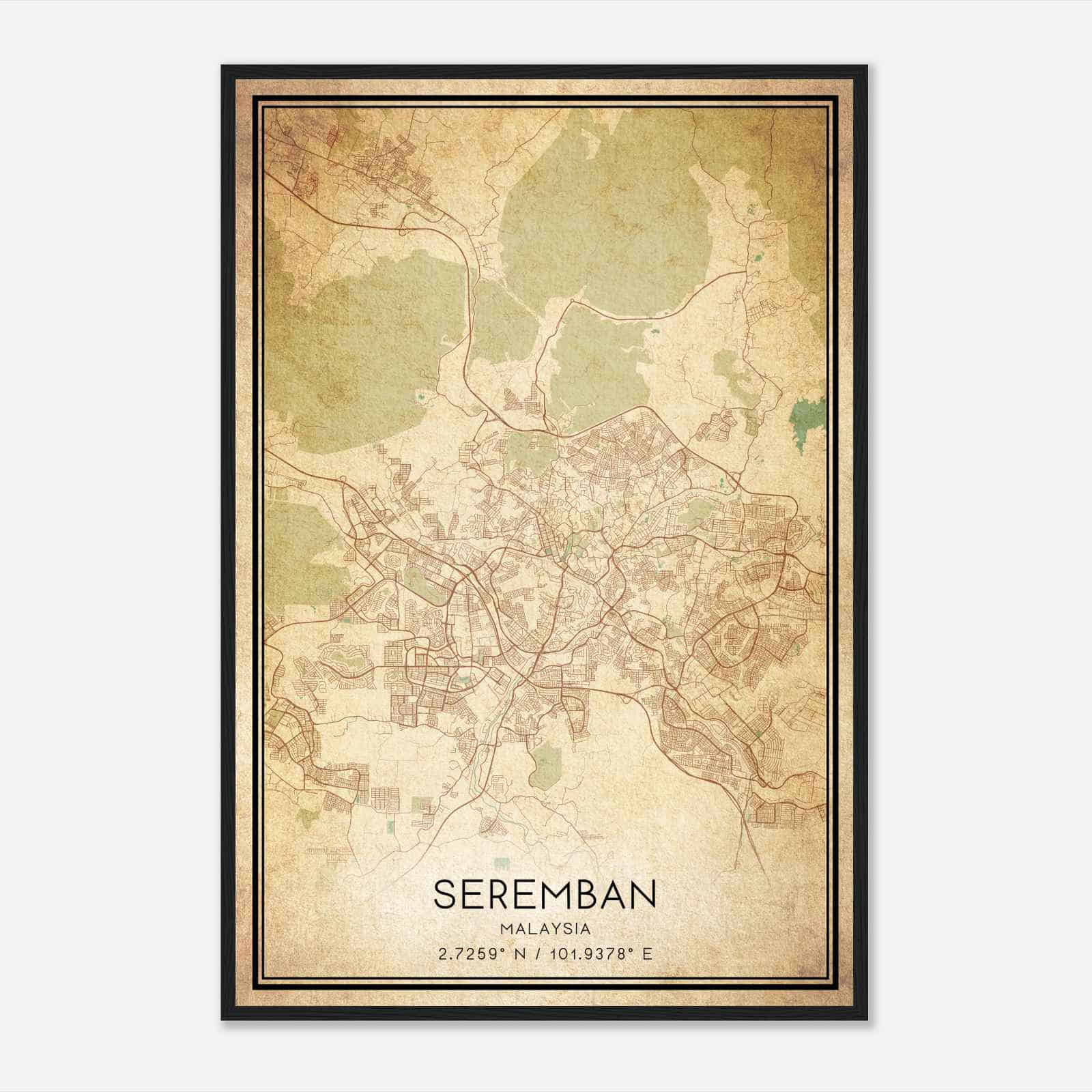 Vintage Seremban Malaysia Map Poster, Seremban City Road Wall Art Print