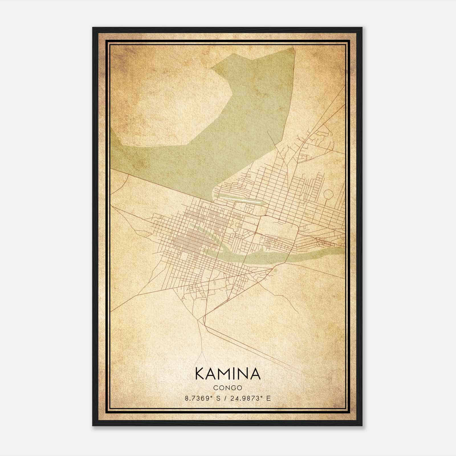 Vintage Kamina Congo Map Poster, Kamina City Road Wall Art Print