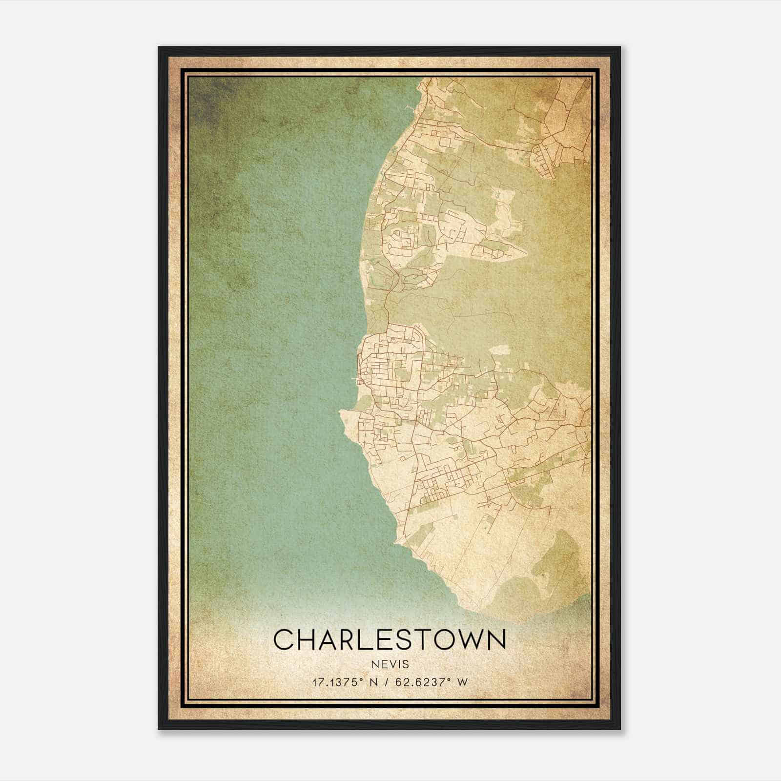 Vintage Charlestown Nevis Map Poster, Charlestown City Road Wall Art Print