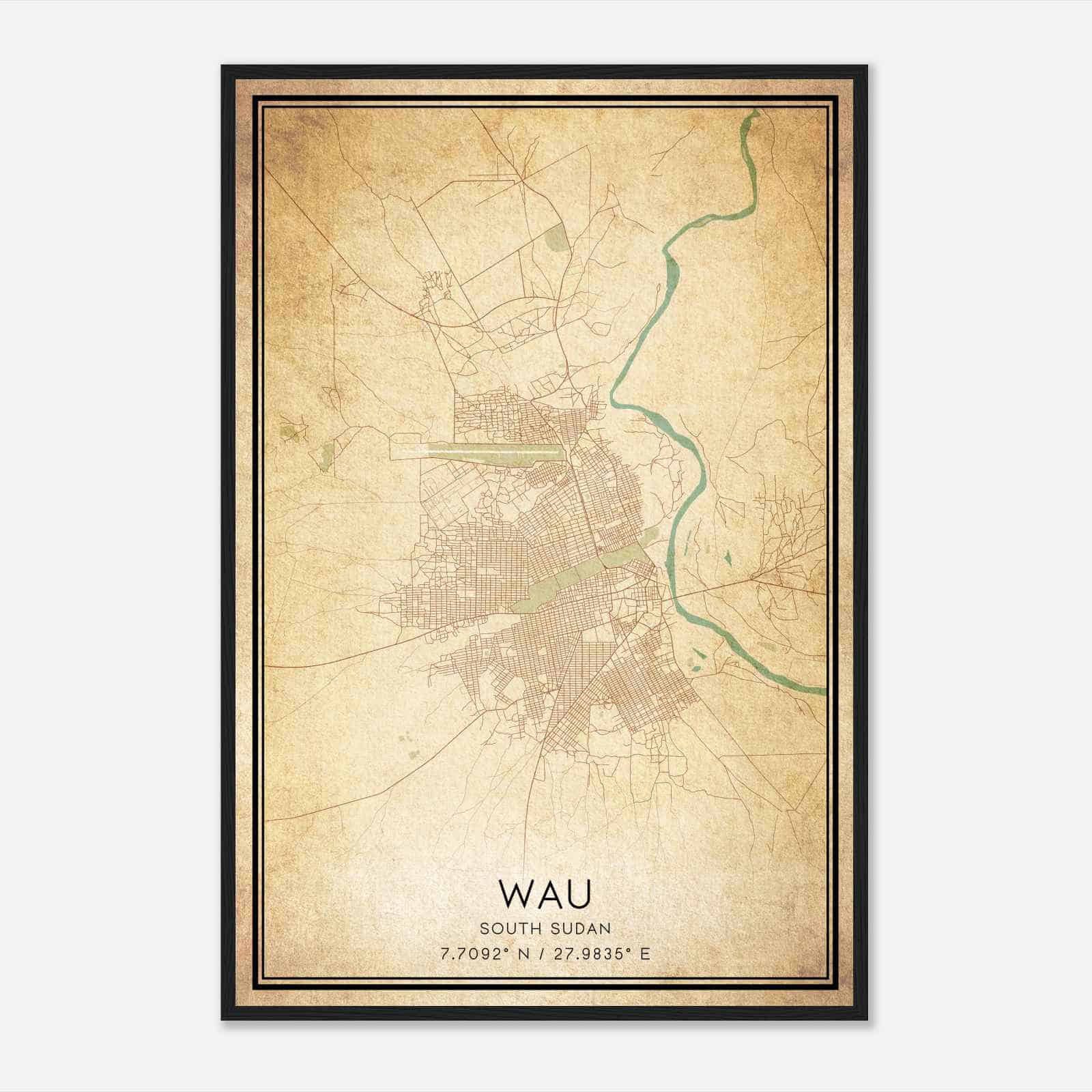 Vintage Wau South Sudan Map Poster, Wau City Road Wall Art Print