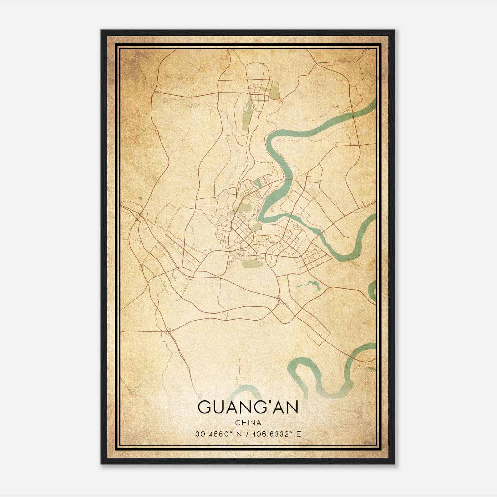 Vintage GuangAn China Map Poster, GuangAn City Road Wall Art Print