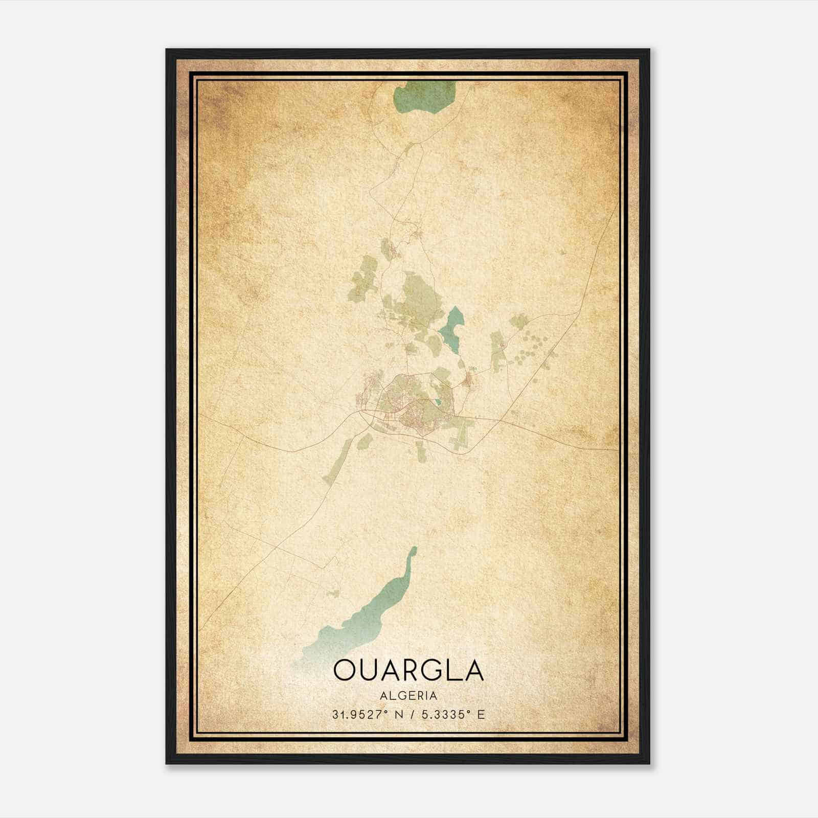 Vintage Ouargla Algeria Map Poster, Ouargla City Road Wall Art Print