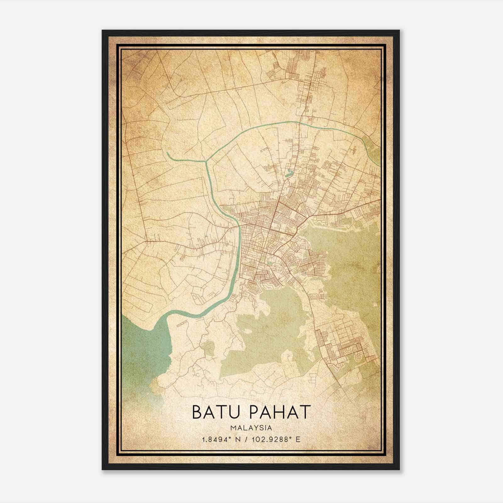 Vintage Batu Pahat Malaysia Map Poster, Batu Pahat City Road Wall Art Print