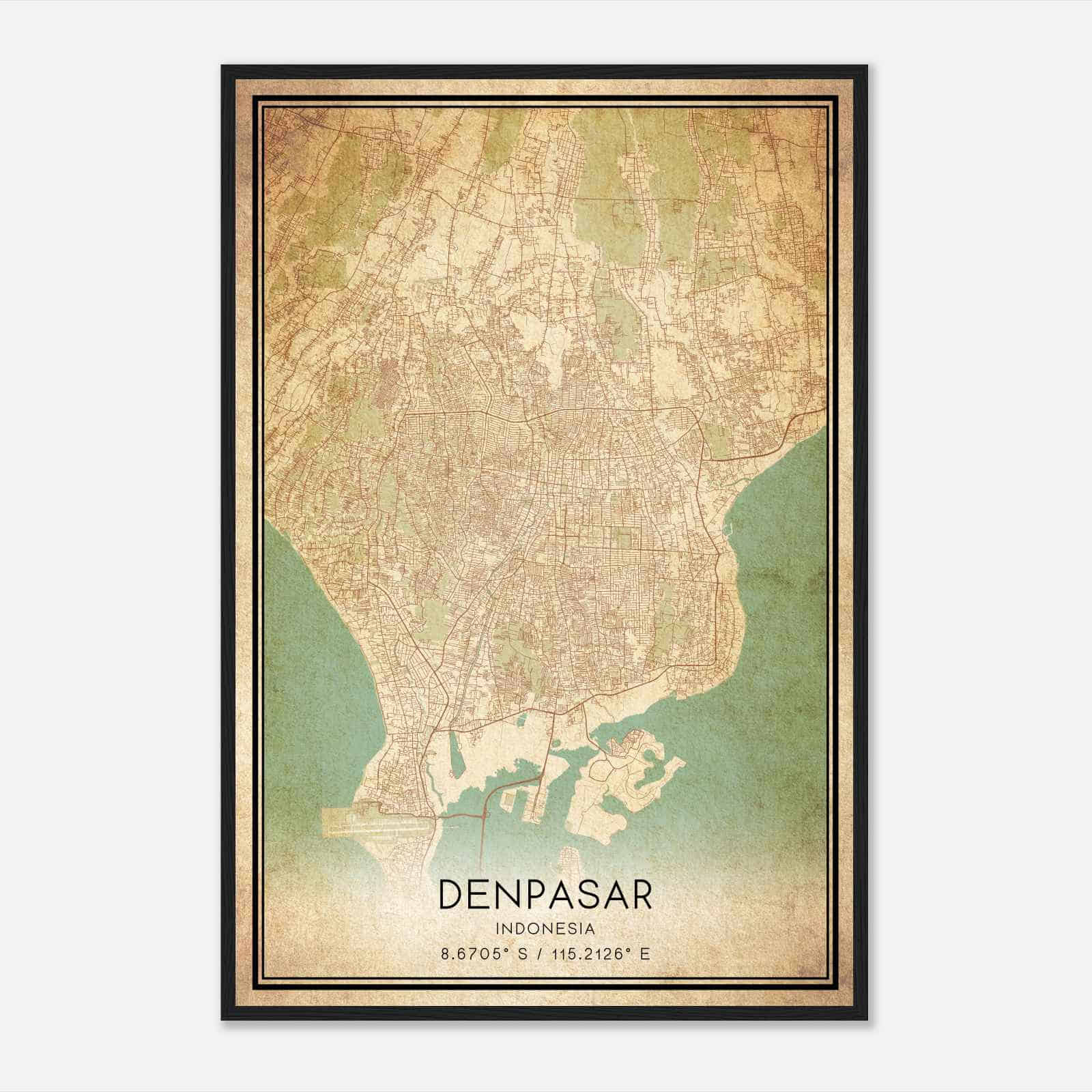 Vintage Denpasar Indonesia Map Poster, Denpasar City Road Wall Art Print