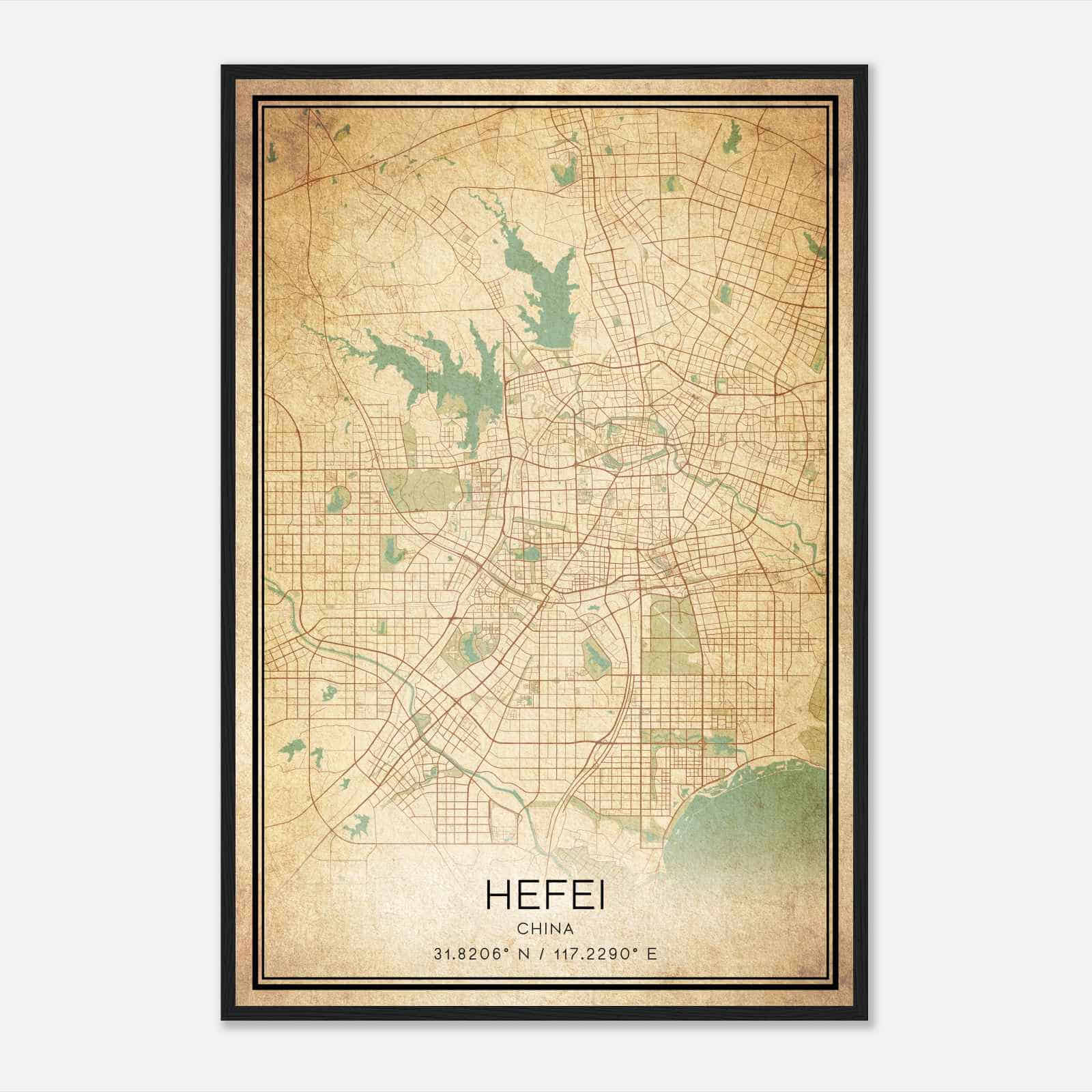 Vintage Hefei China Map Poster, Hefei City Road Wall Art Print