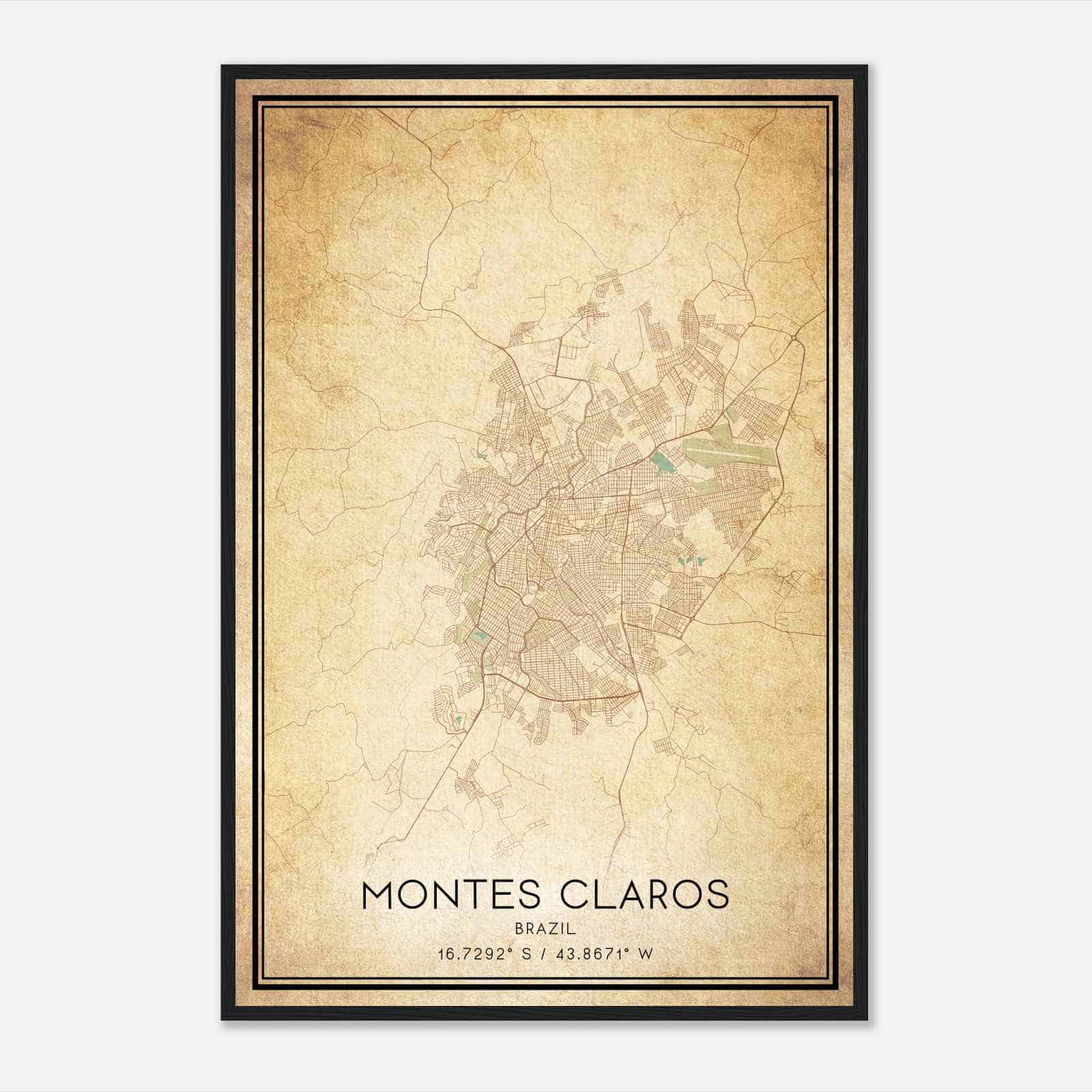 Vintage Montes Claros Brazil Map Poster, Montes Claros City Road Wall Art Print