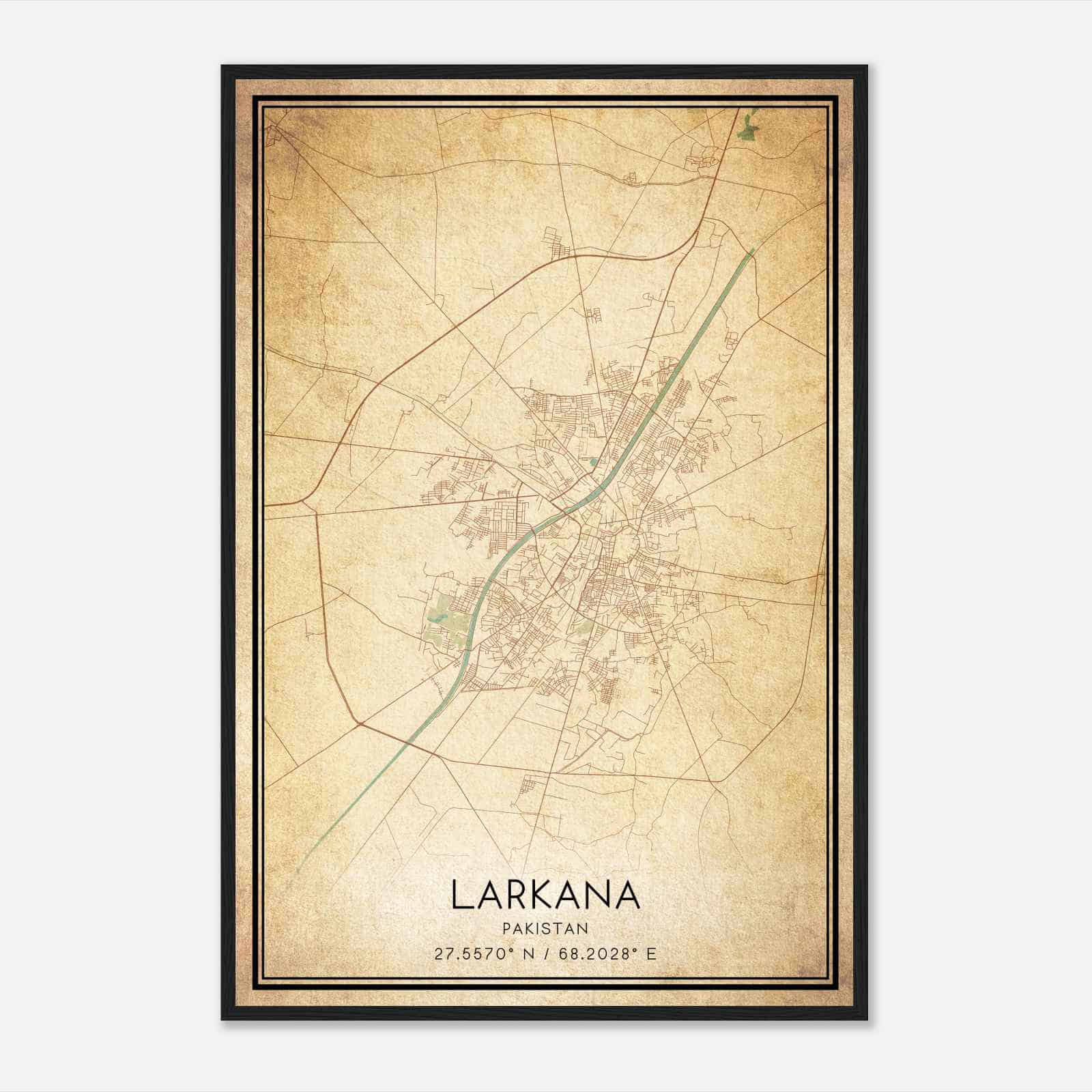 Vintage Larkana Pakistan Map Poster, Larkana City Road Wall Art Print