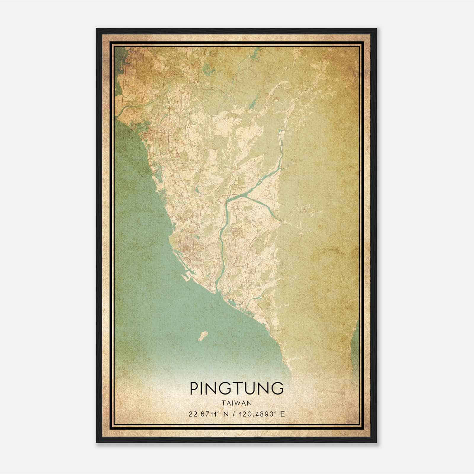 Vintage Pingtung Taiwan Map Poster, Pingtung City Road Wall Art Print