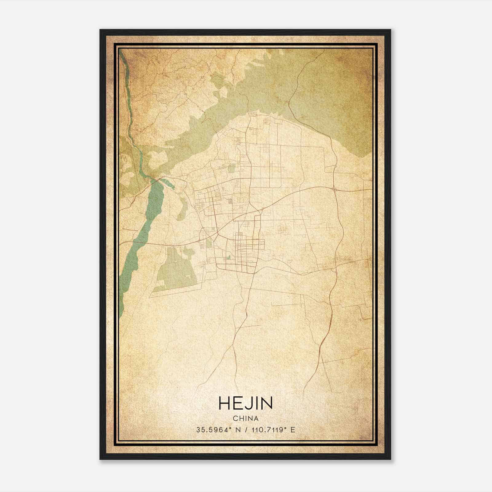 Vintage Hejin China Map Poster, Hejin City Road Wall Art Print