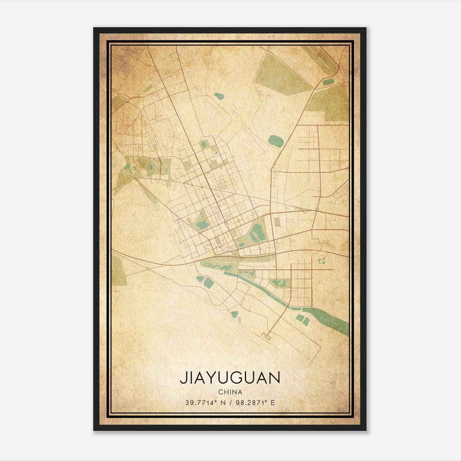 Vintage Jiayuguan China Map Poster, Jiayuguan City Road Wall Art Print