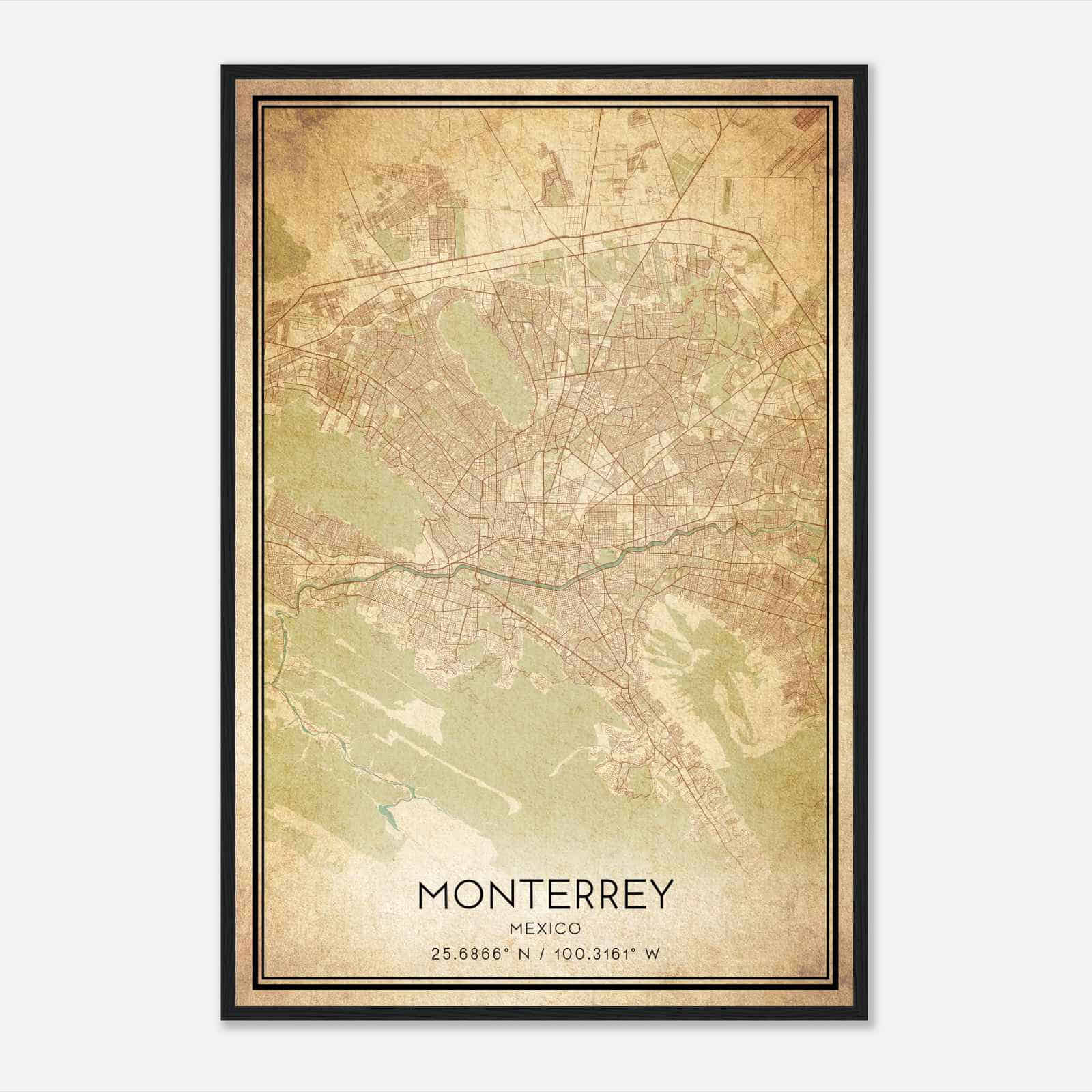 Vintage Monterrey Mexico Map Poster, Monterrey City Road Wall Art Print
