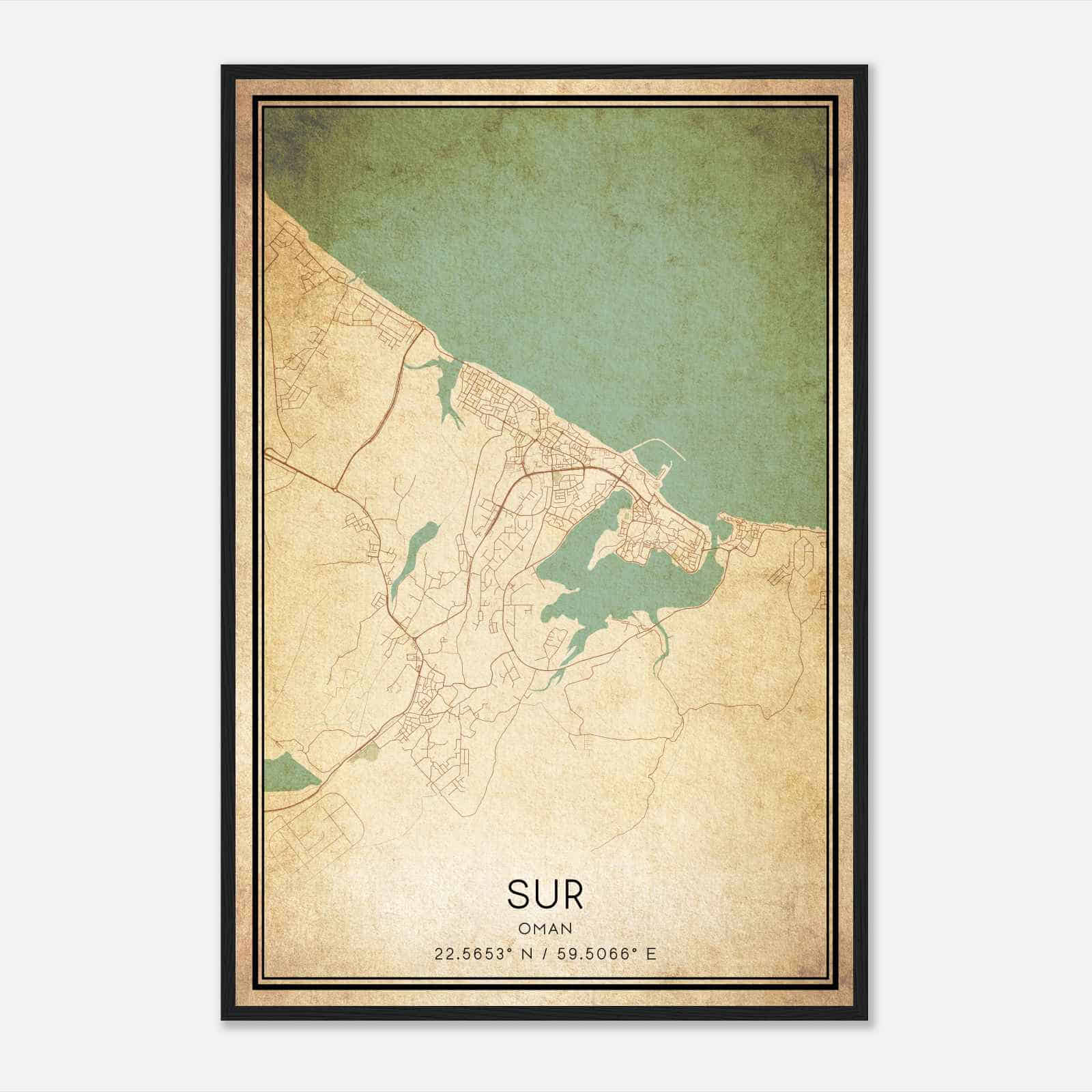 Vintage Sur Oman Map Poster, Sur City Road Wall Art Print