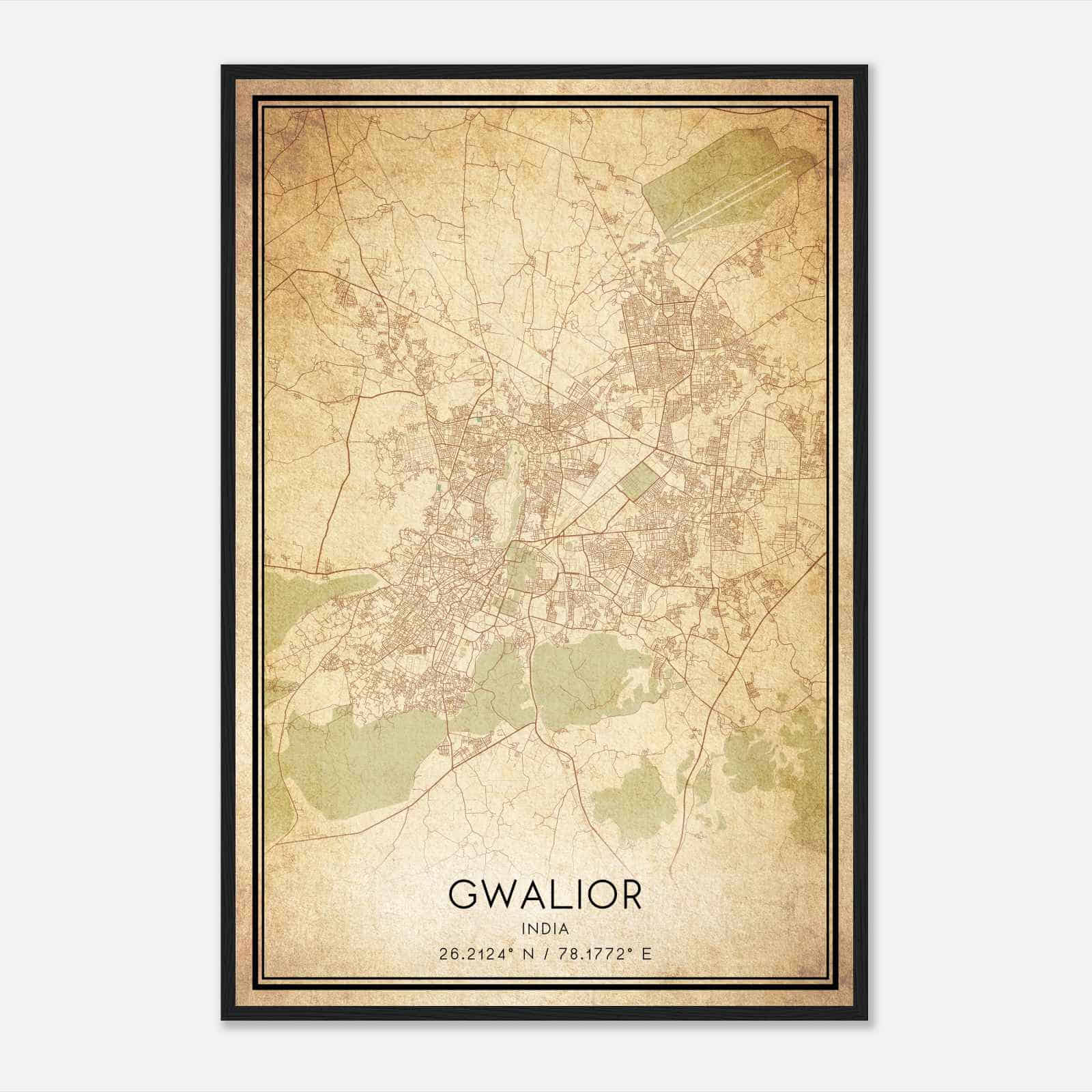 Vintage Gwalior India Map Poster, Gwalior City Road Wall Art Print