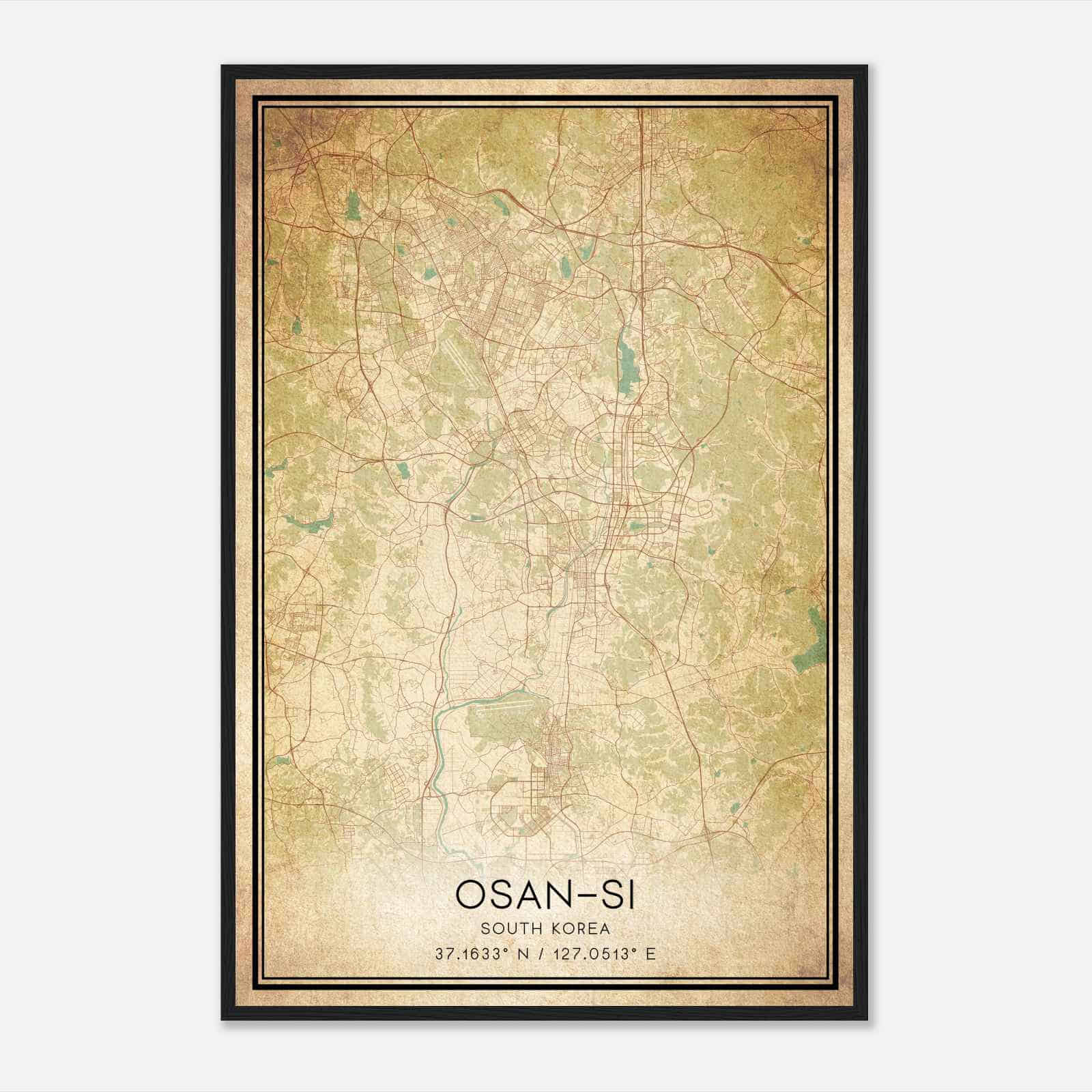 Vintage Osansi South Korea Map Poster, Osansi City Road Wall Art Print