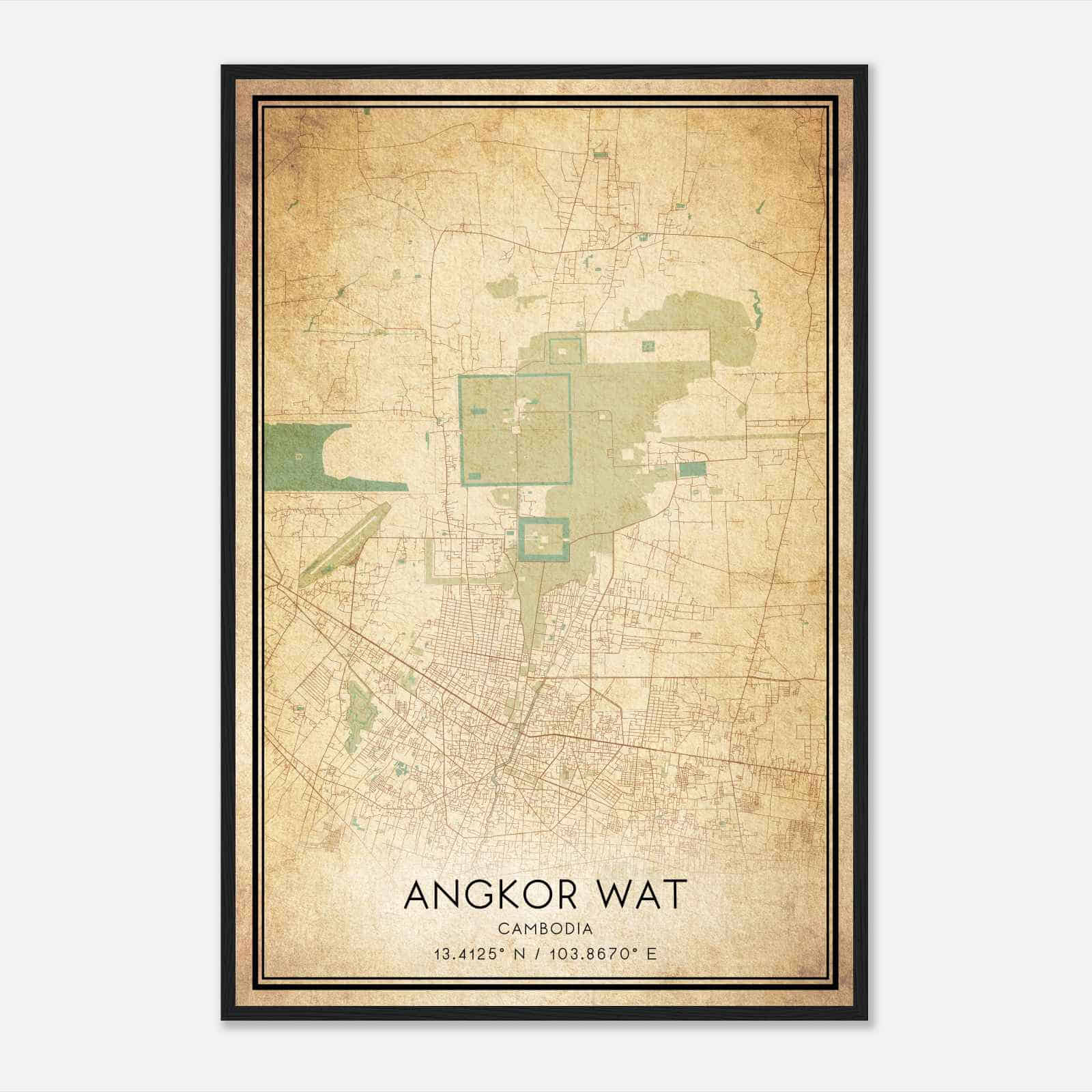 Vintage Angkor Wat Cambodia Map Poster, Angkor Wat City Road Wall Art Print