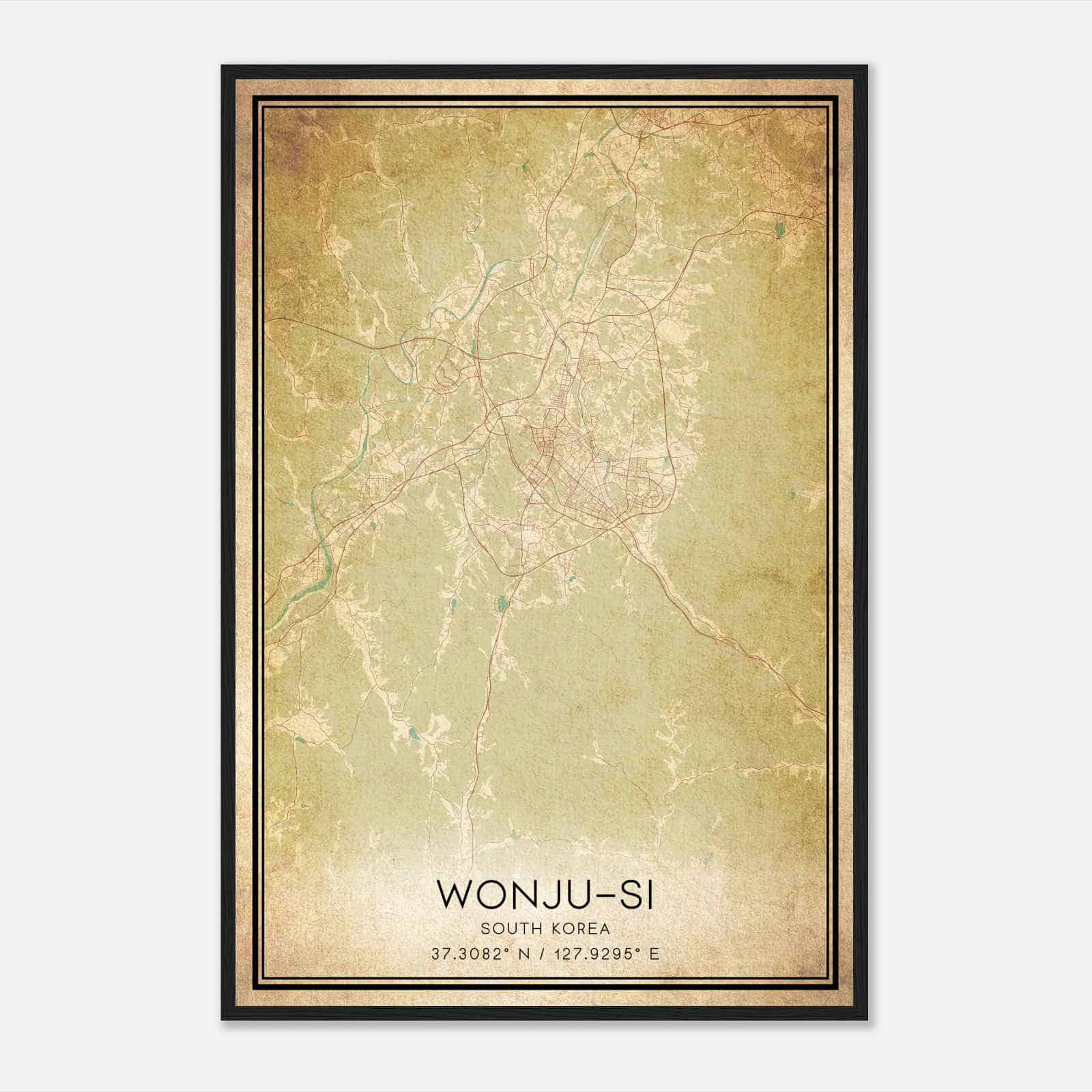 Vintage Wonjusi South Korea Map Poster, Wonjusi City Road Wall Art Print