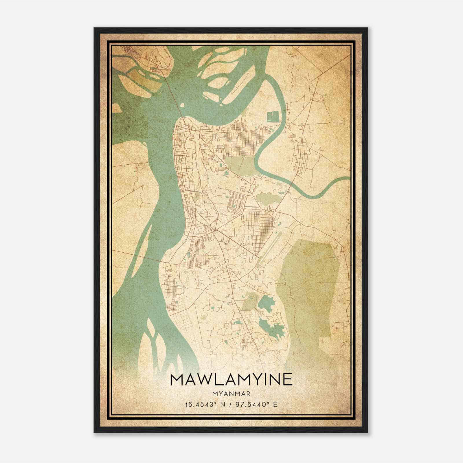 Vintage Mawlamyine Myanmar Map Poster, Mawlamyine City Road Wall Art Print