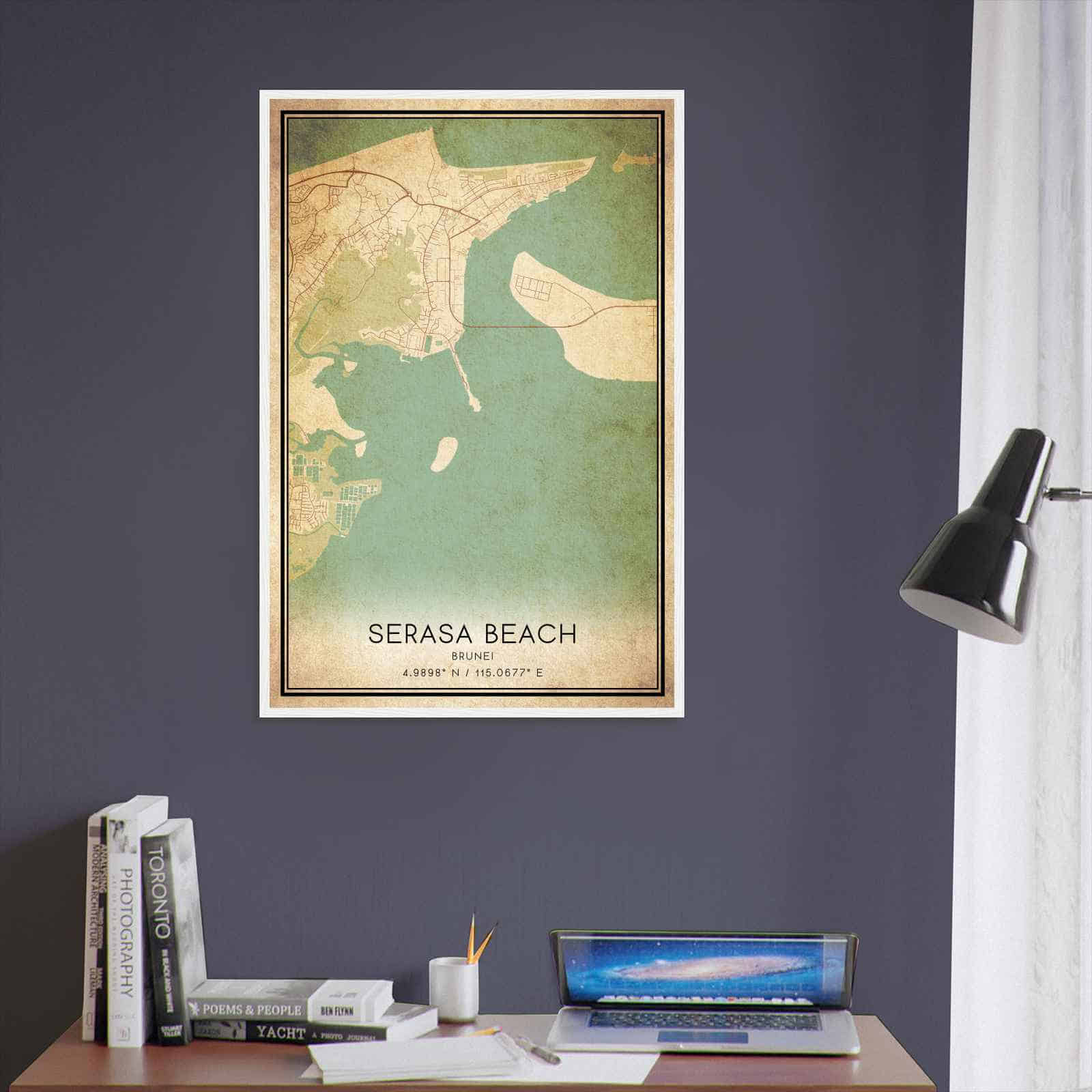 Vintage Serasa Beach Brunei Map Poster, Serasa Beach City Road Wall Art Print