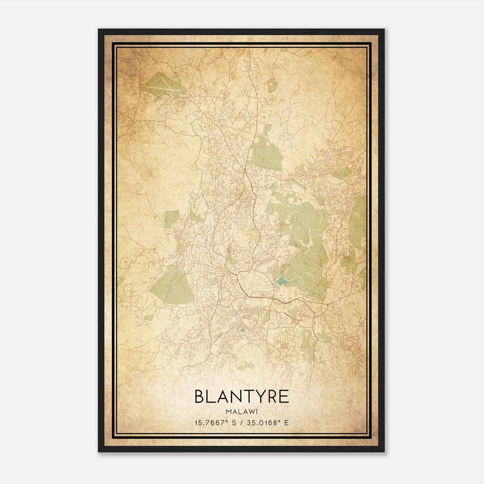 Vintage Blantyre Malawi Map Poster, Blantyre City Road Wall Art Print