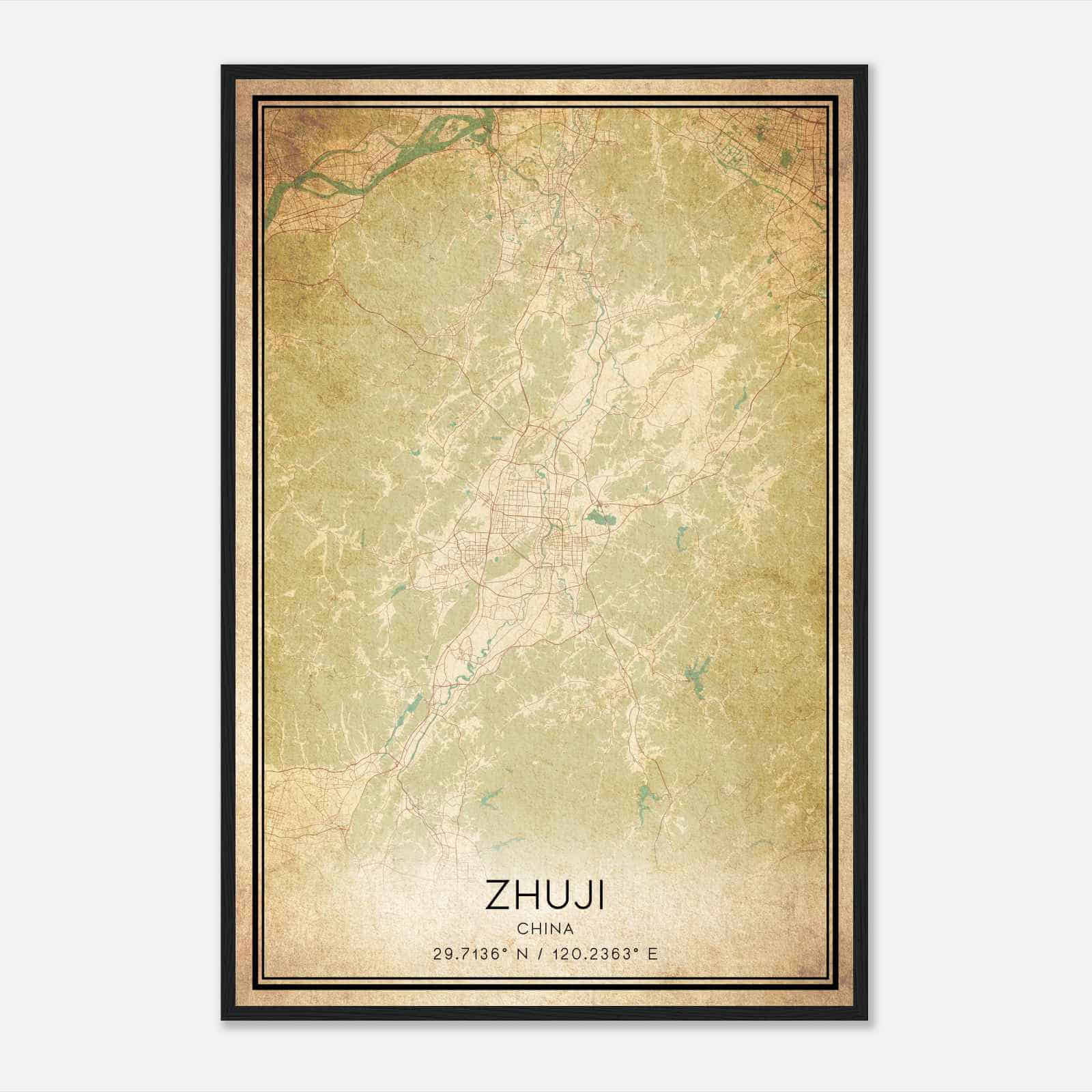 Vintage Zhuji China Map Poster, Zhuji City Road Wall Art Print