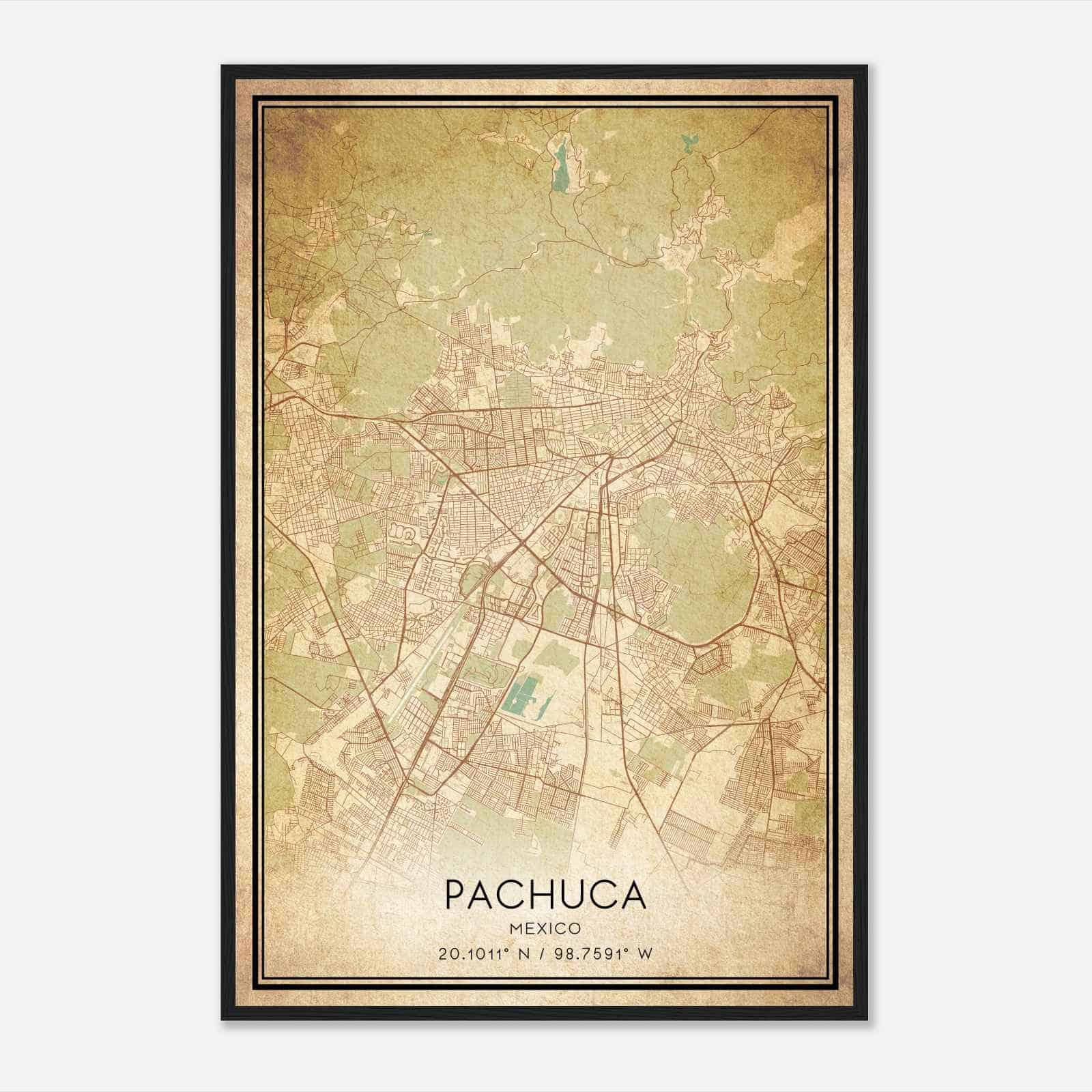 Vintage Pachuca Mexico Map Poster, Pachuca City Road Wall Art Print