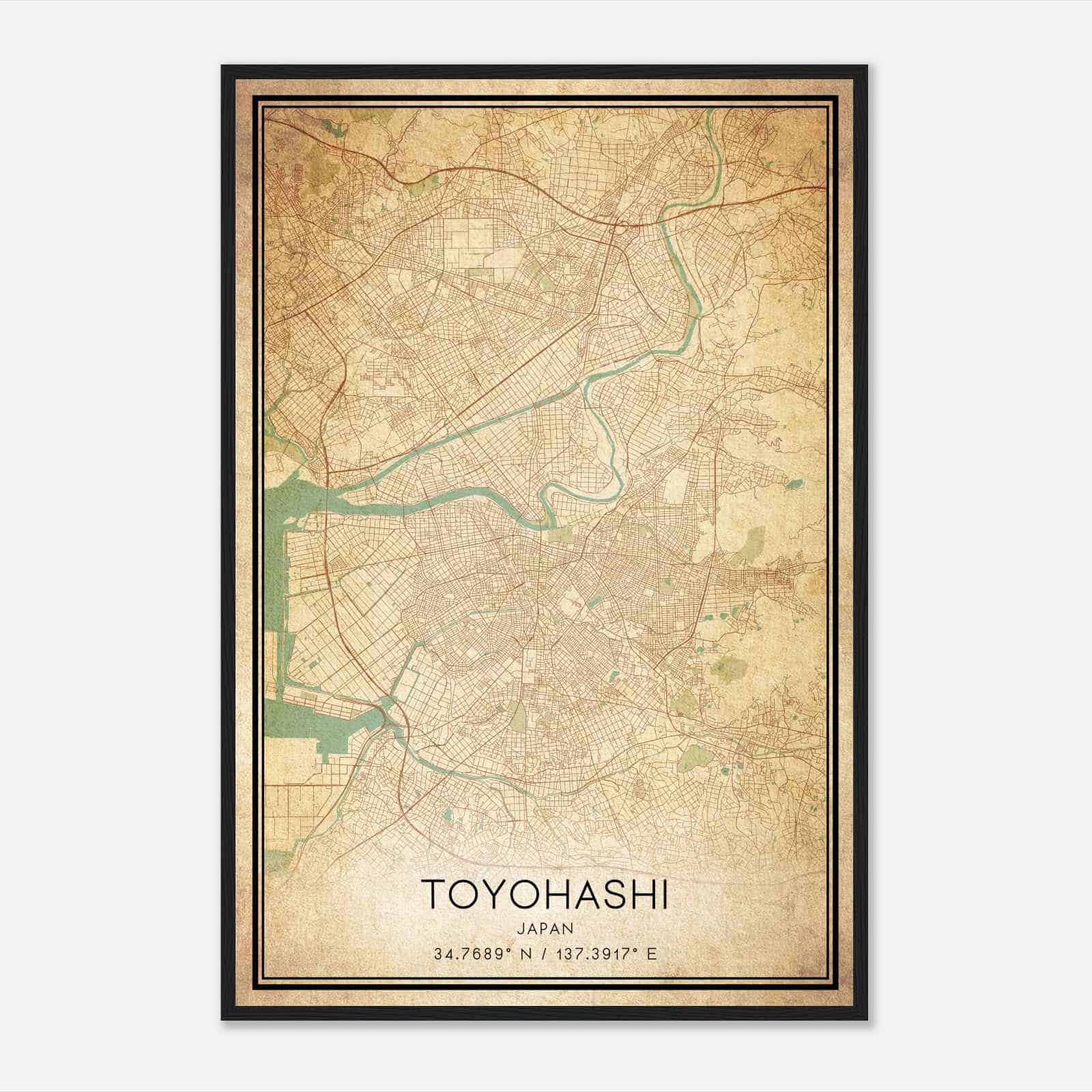 Vintage Toyohashi Japan Map Poster, Toyohashi City Road Wall Art Print