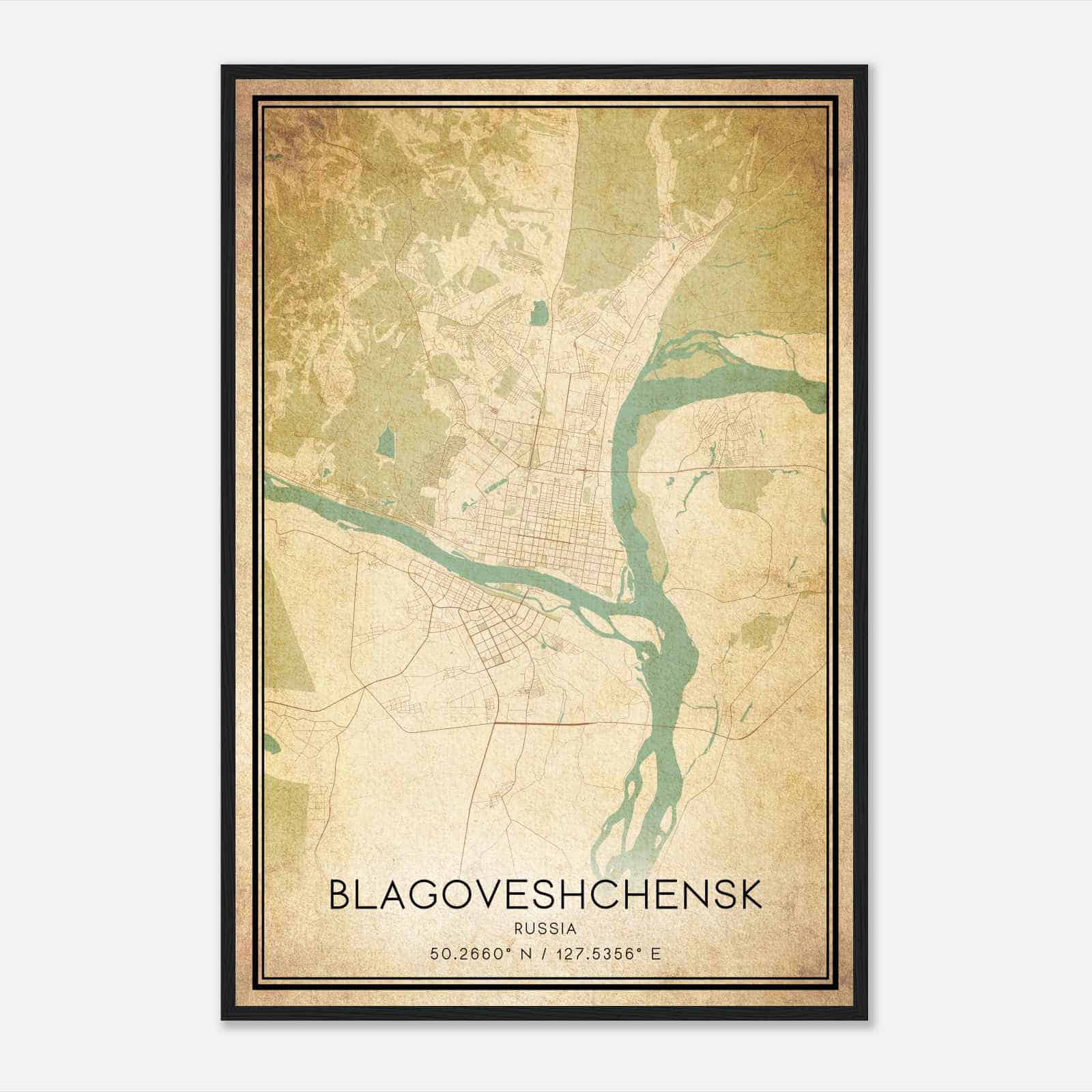 Vintage Blagoveshchensk Russia Map Poster, Blagoveshchensk City Road Wall Art Print